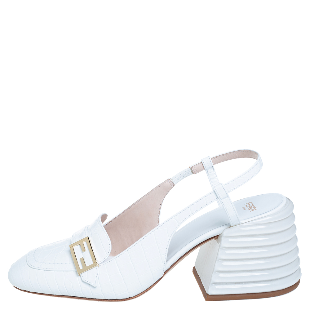 

Fendi White Croc-Embossed leather Promenade Slingback Pumps Size