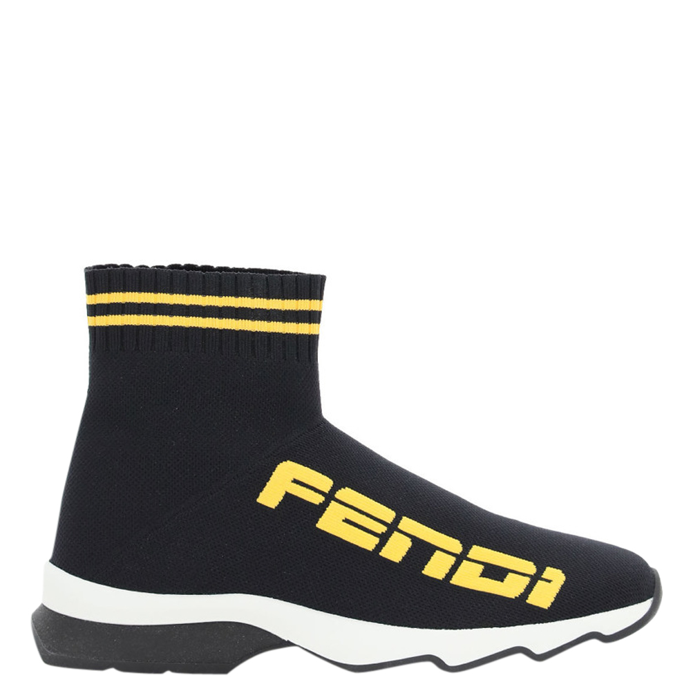 Pre-owned Fendi Black/yellow Knit Canvas Logo Sock Sneakers Size It 36
