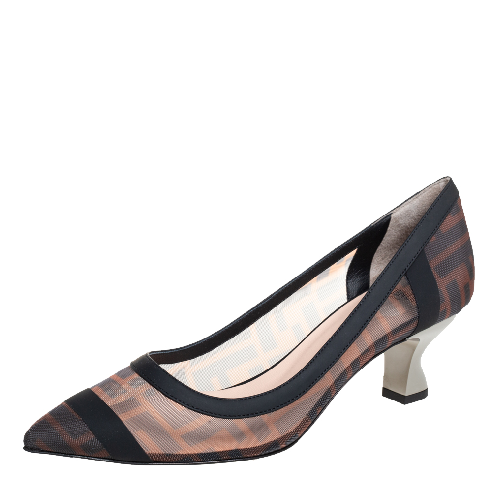 Pre-owned Fendi Black /brown Ff Printed Mesh And Leather Trim Colibri Pointed Toe Pumps Size 37