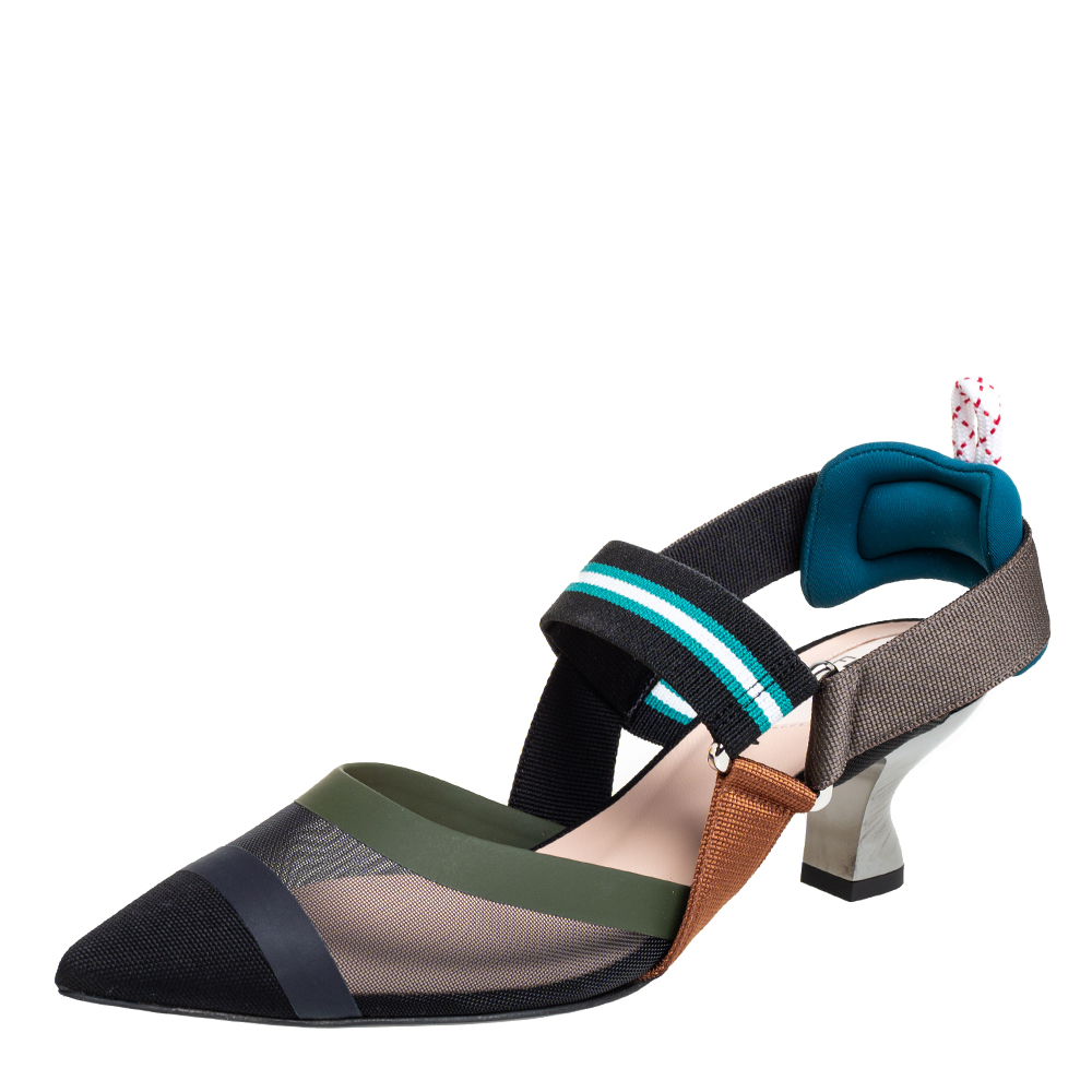 Pre-owned Fendi Multicolor Mesh And Nylon Colibri Pointed Toe Slingback Sandals Size 36