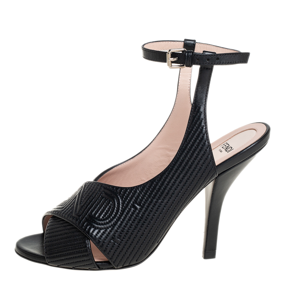 

Fendi Logo Embossed Leather Ankle Strap Sandals Size, Black