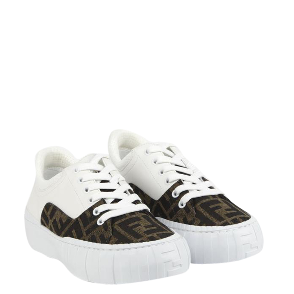 

Fendi White/Brown Leather and FF-jacquard Sneakers Size EU