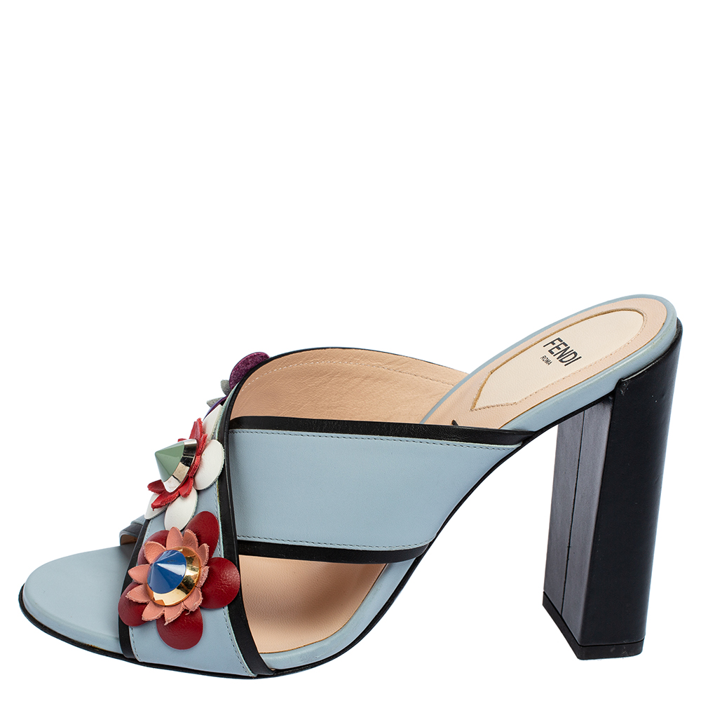 

Fendi Blue Leather Flowerland Mule Sandals Size