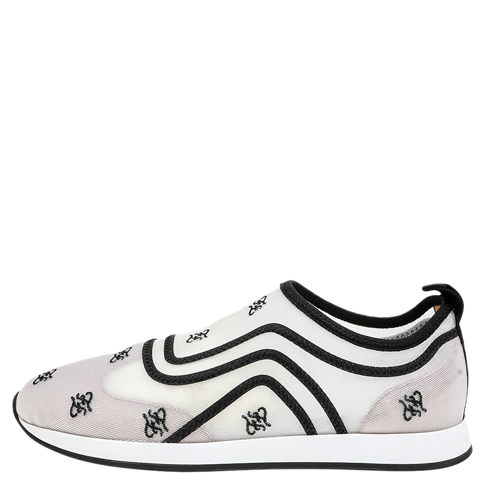 

Fendi White/Black Mesh And Leather Freedom Logo Embroidered Slip On Sneakers Size