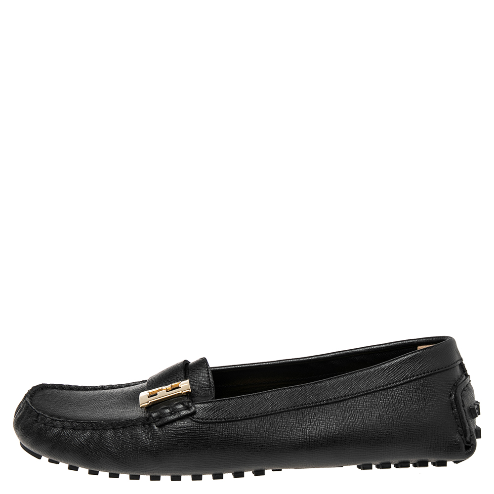 

Fendi Black Saffiano Leather Logo Loafers Size