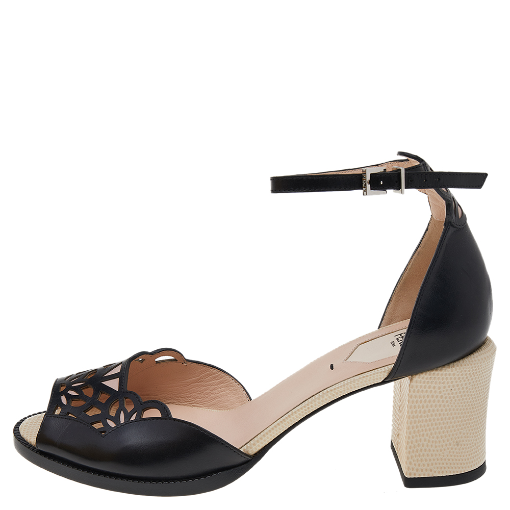 

Fendi Black/Beige Laser Cut Leather Block Heel Ankle Strap Sandals Size