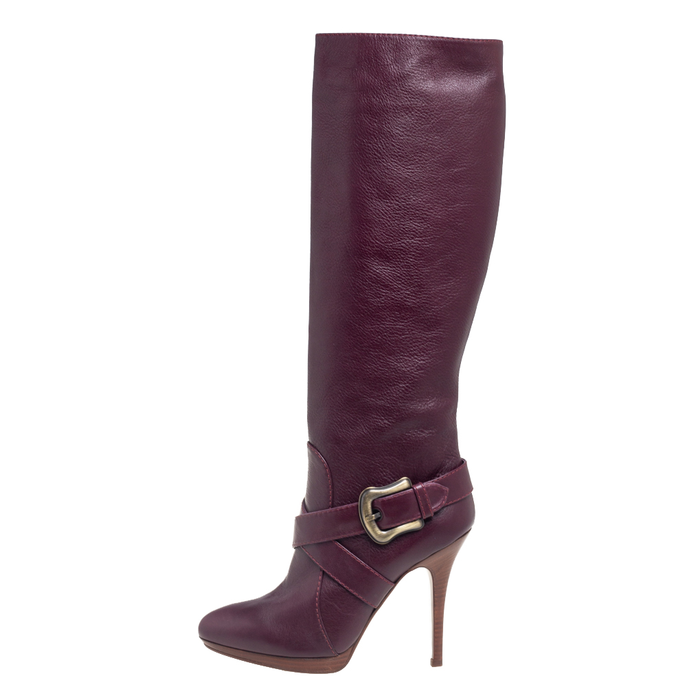 

Fendi Burgundy Leather B Buckle Knee Length Boots Size