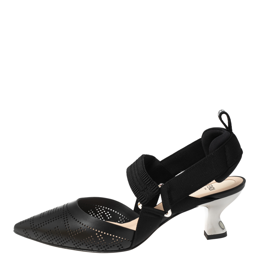 

Fendi Black Leather And Canvas Colibri Slingback Sandals Size
