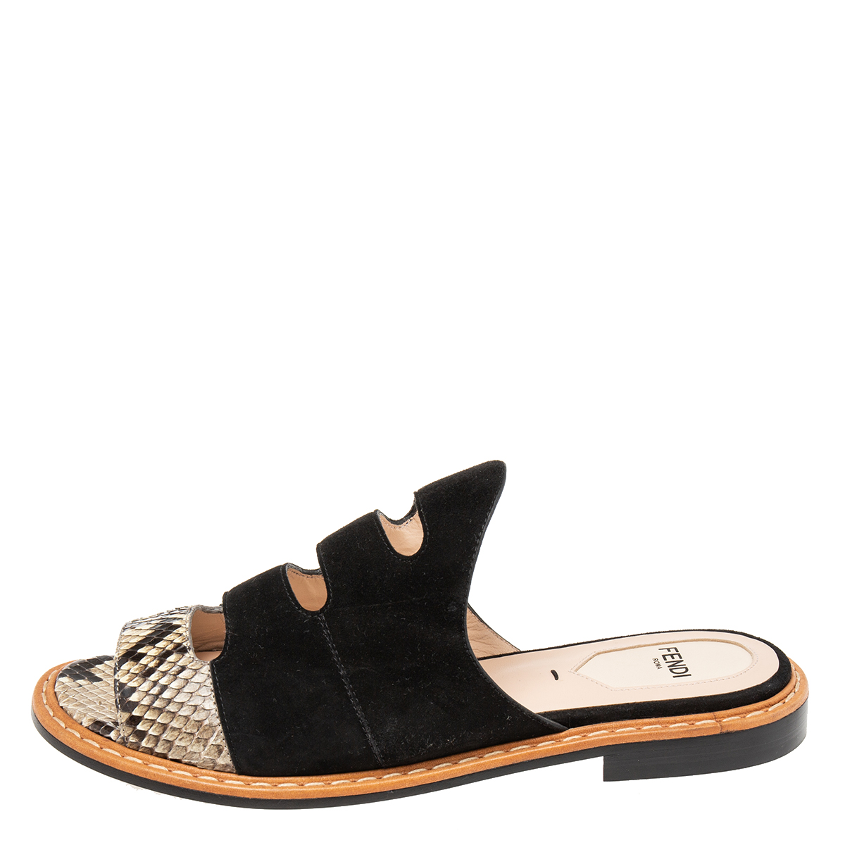 

Fendi Black Suede and Python Leather Cut-Out Flat Slides Size