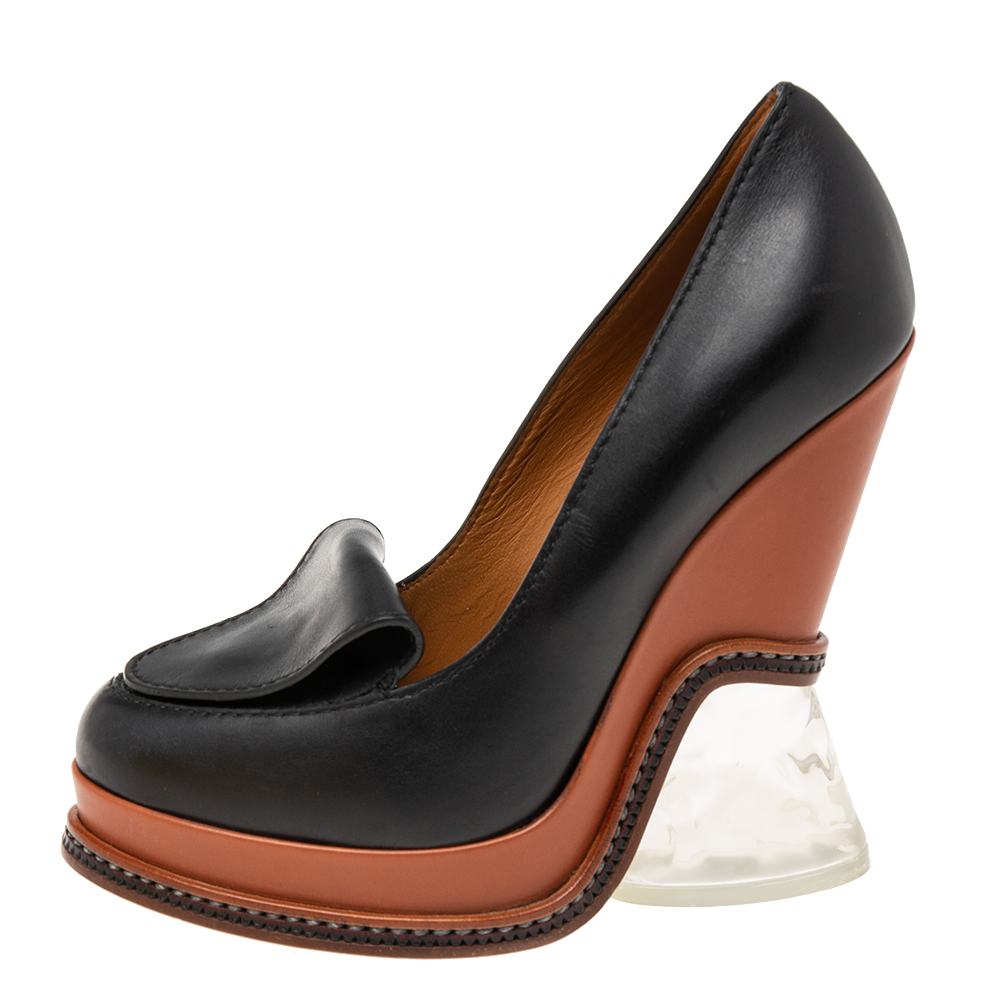 

Fendi Brown/Black Leather Wedge Loafer Pumps Size