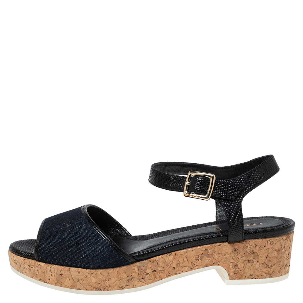 

Fendi Blue Denim And Black Lizard Embossed Leather Cork Platform Ankle Strap Sandals Size