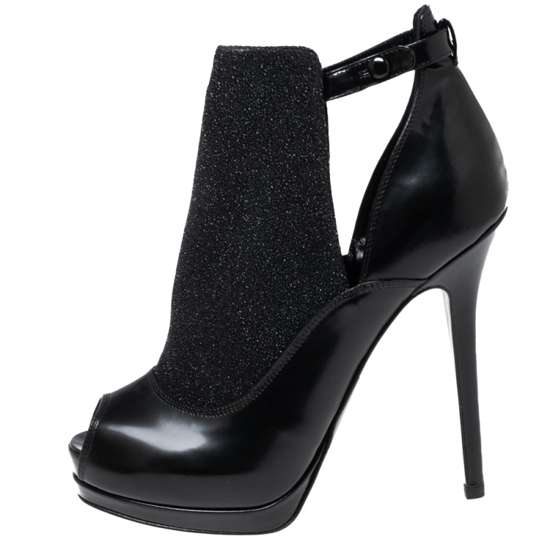 

Fendi Black Glitter Suede and Leather Peep-Toe Platform Ankle Booties Size