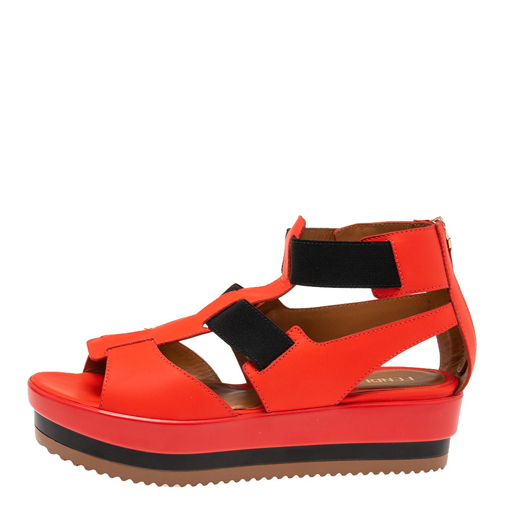 

Fendi Red/Black Leather And Elastic Wedge Platform Sandals Size
