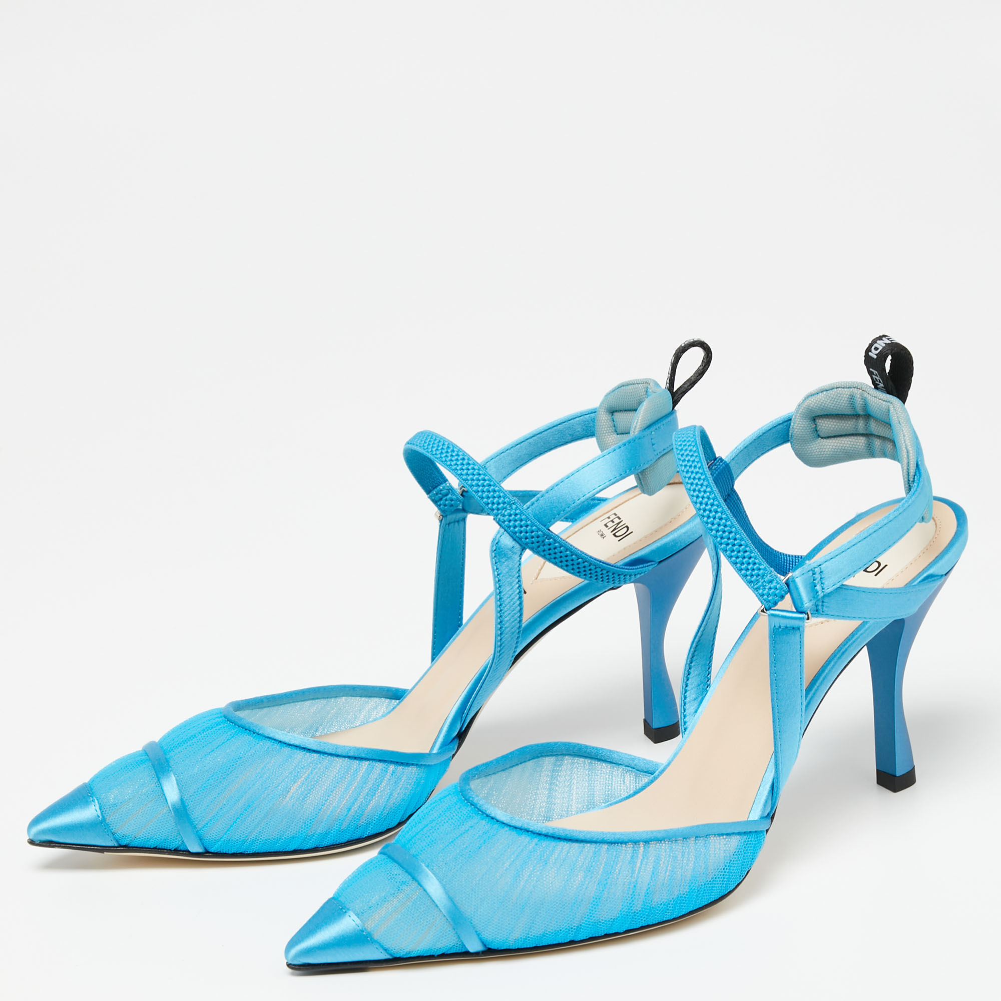 

Fendi Blue Satin and Net Ankle-Strap Pumps Size