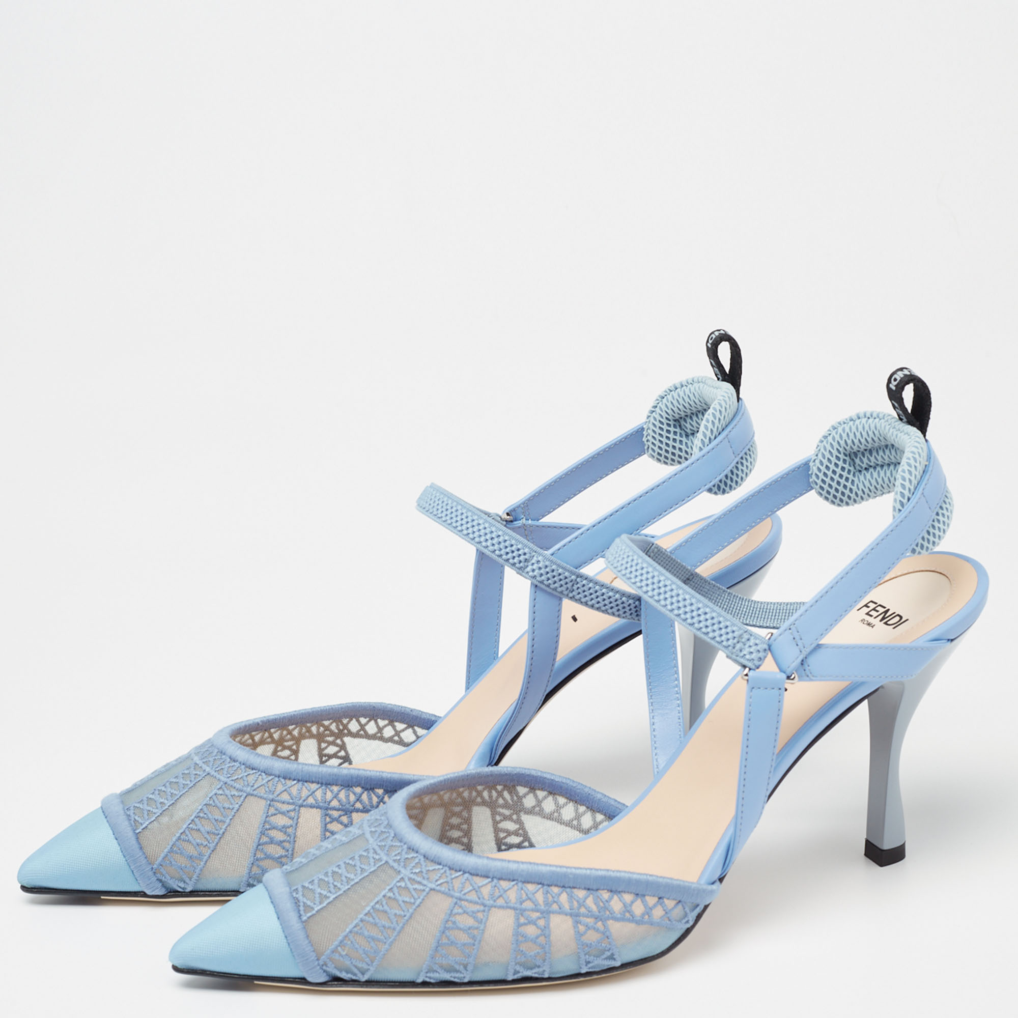 

Fendi Carolina Blue Lite Mesh and Leather Slingback Pumps Size