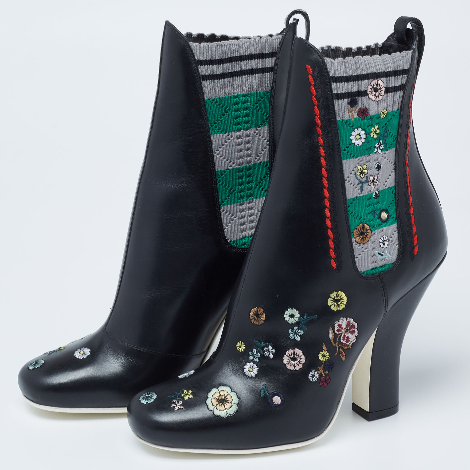 

Fendi Black Leather Embroidered Ankle Boots Size