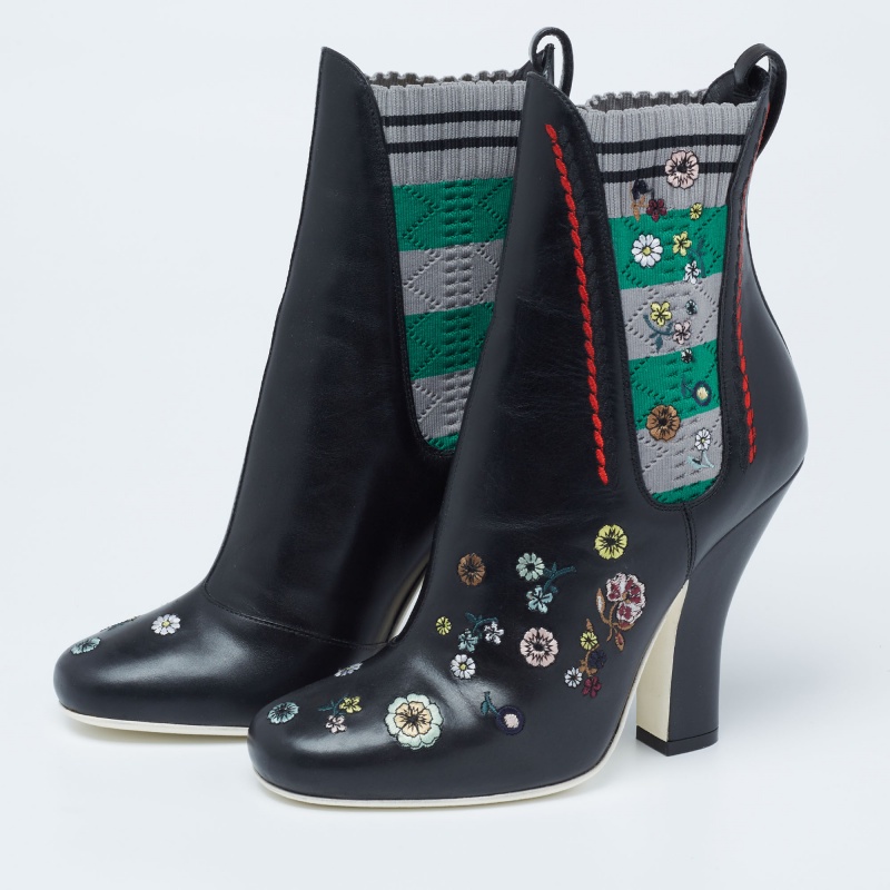 

Fendi Black Leather And Fabric Embroidered Ankle Length Boots Size