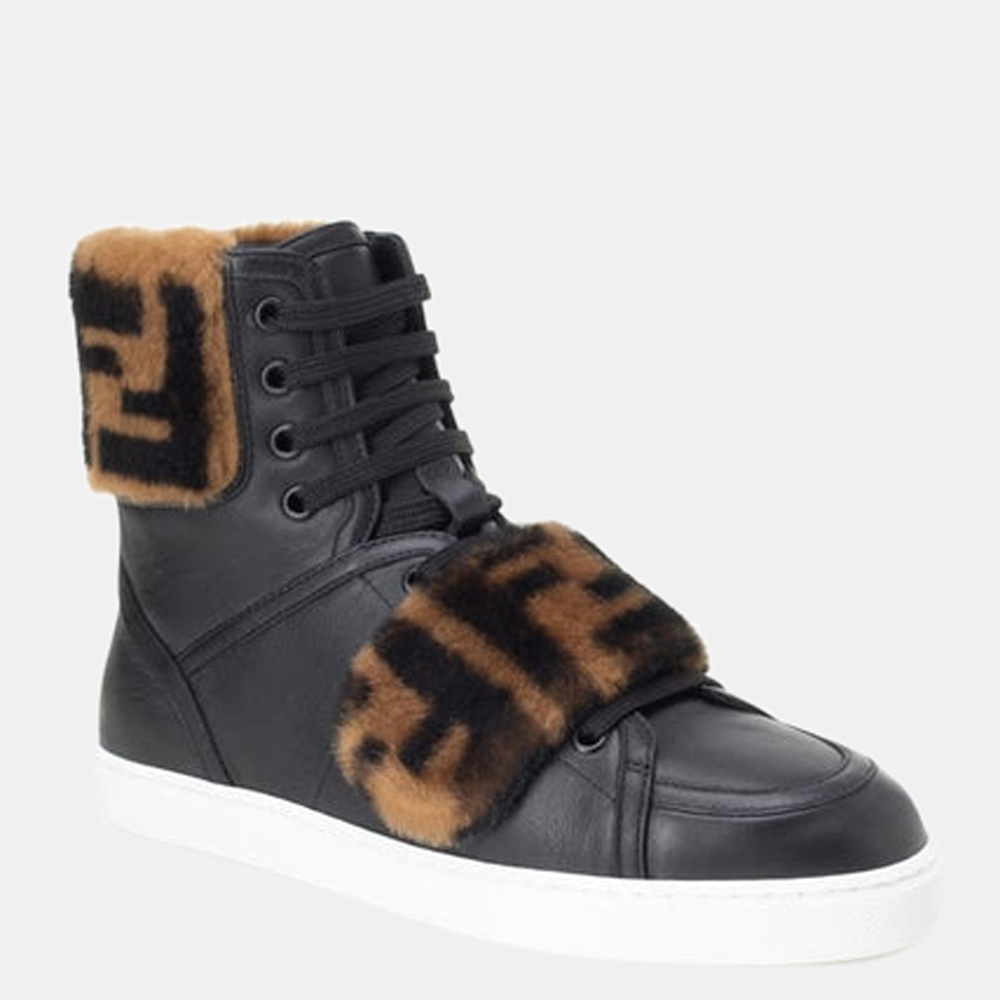 

Fendi Black Leather Fur Signature FF Sneakers Size EU