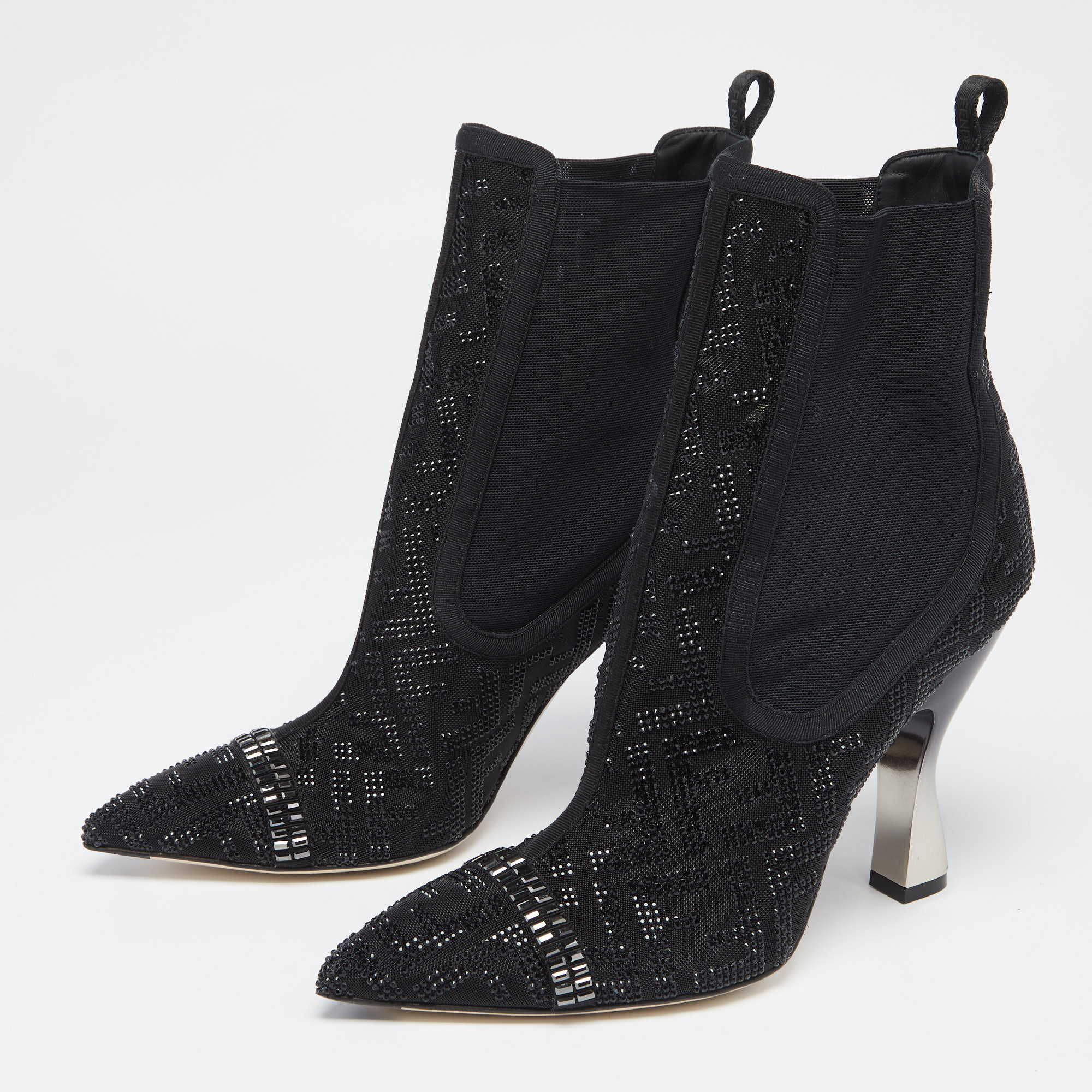 

Fendi Black Canvas And Leather Embellished Ankle Boots Size