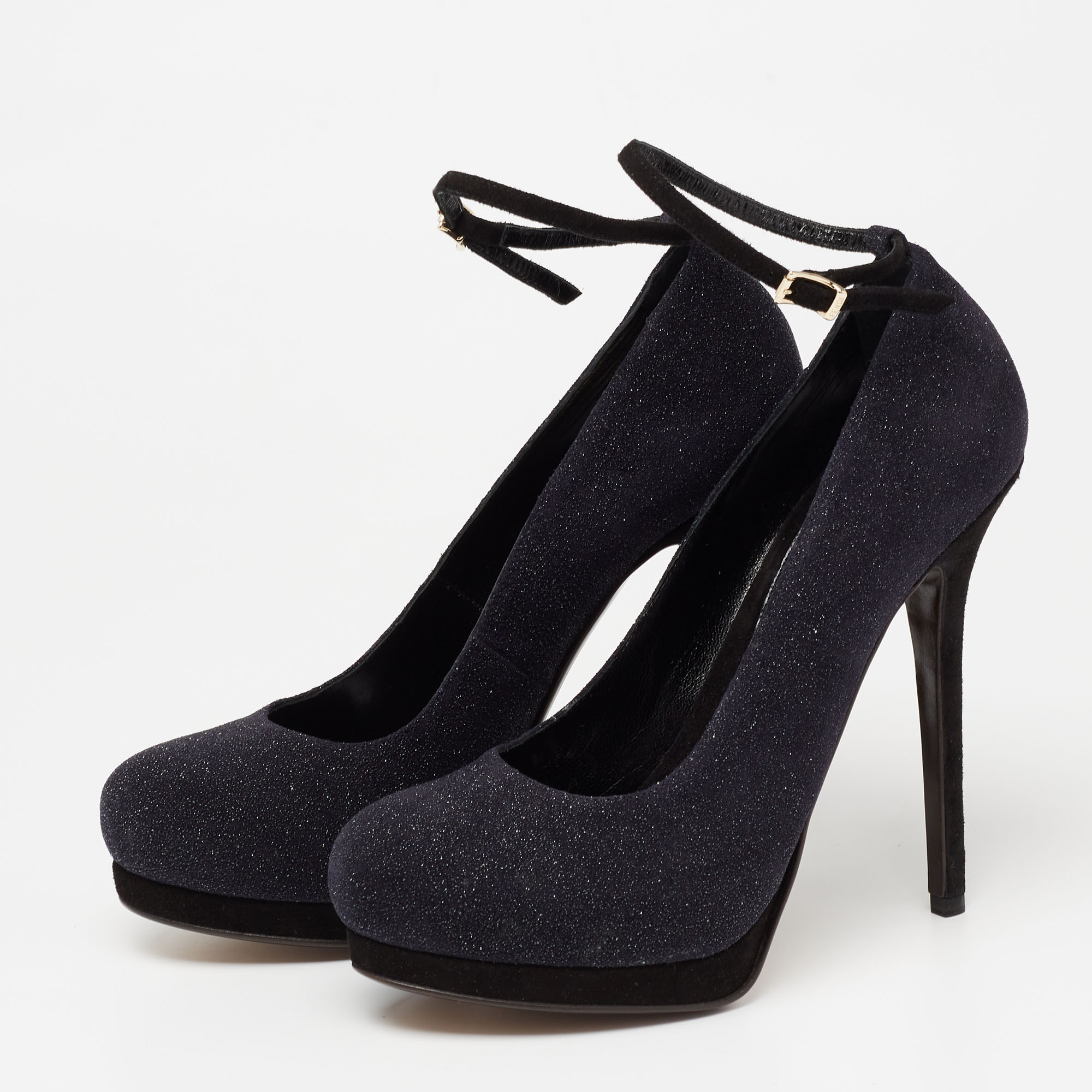 

Fendi Navy Blue/Black Glitter And Suede Platform Ankle Strap Pumps Size