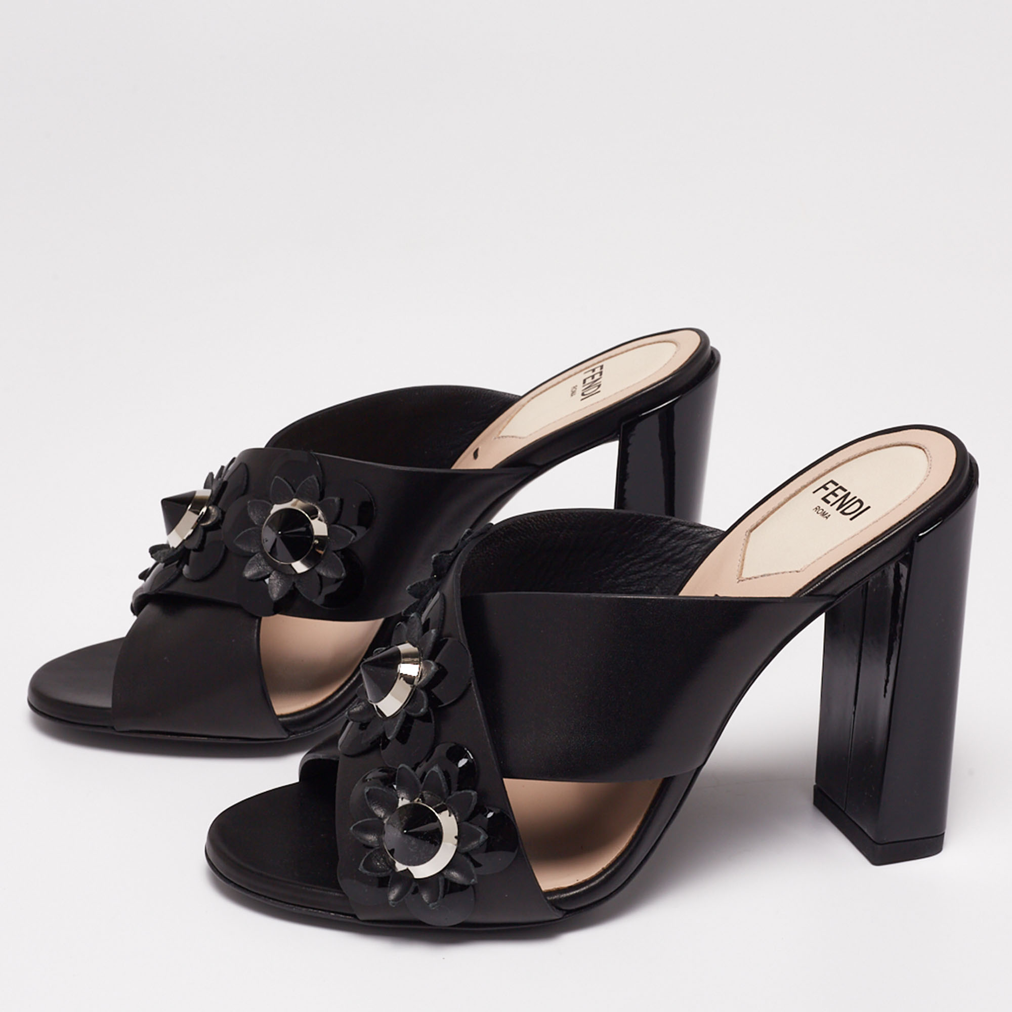 

Fendi Black Leather Flowerland Block Heel Slide Sandals Size