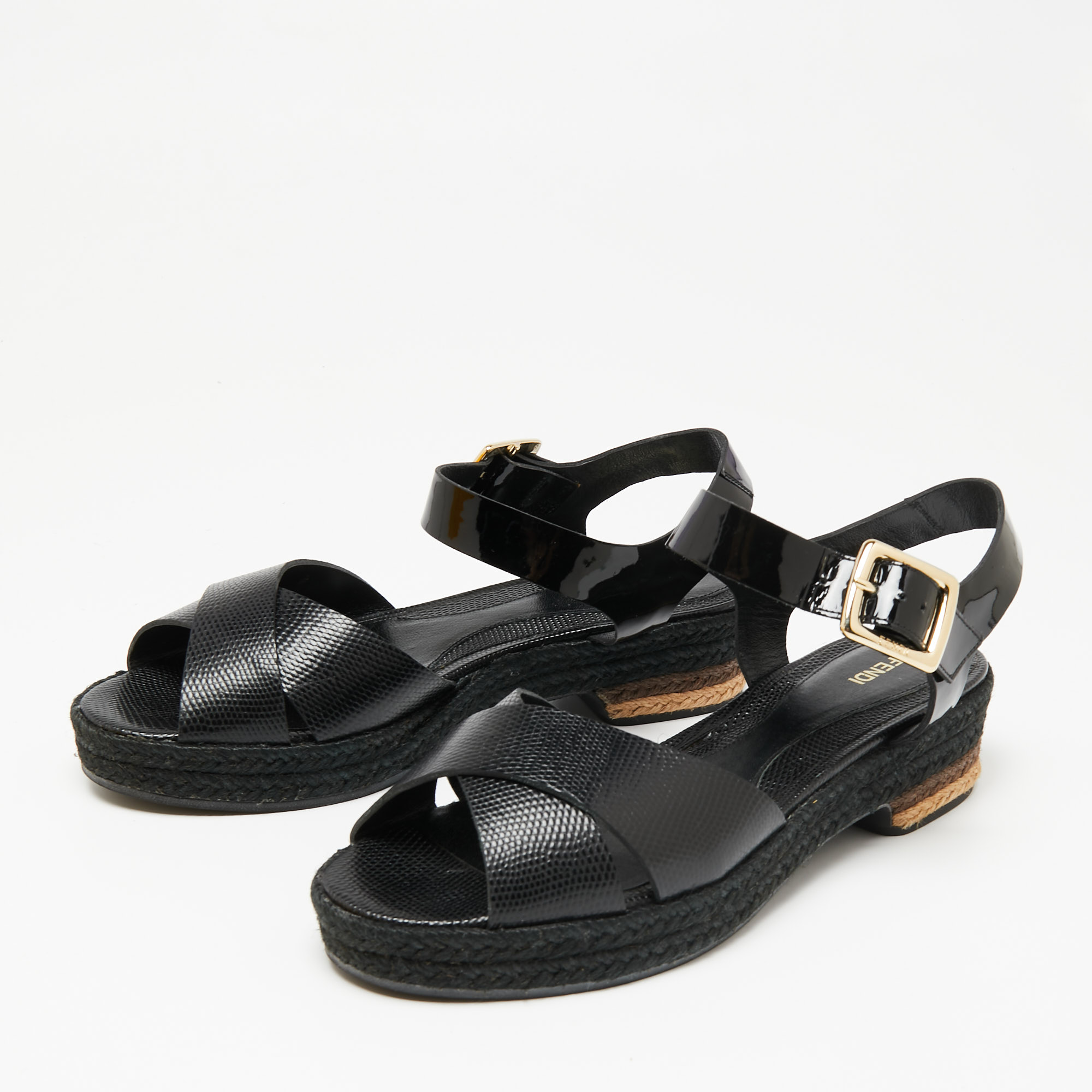 

Fendi Black Lizard Embossed Leather And Patent Leather Hydra Ankle Strap Espadrille Sandals Size
