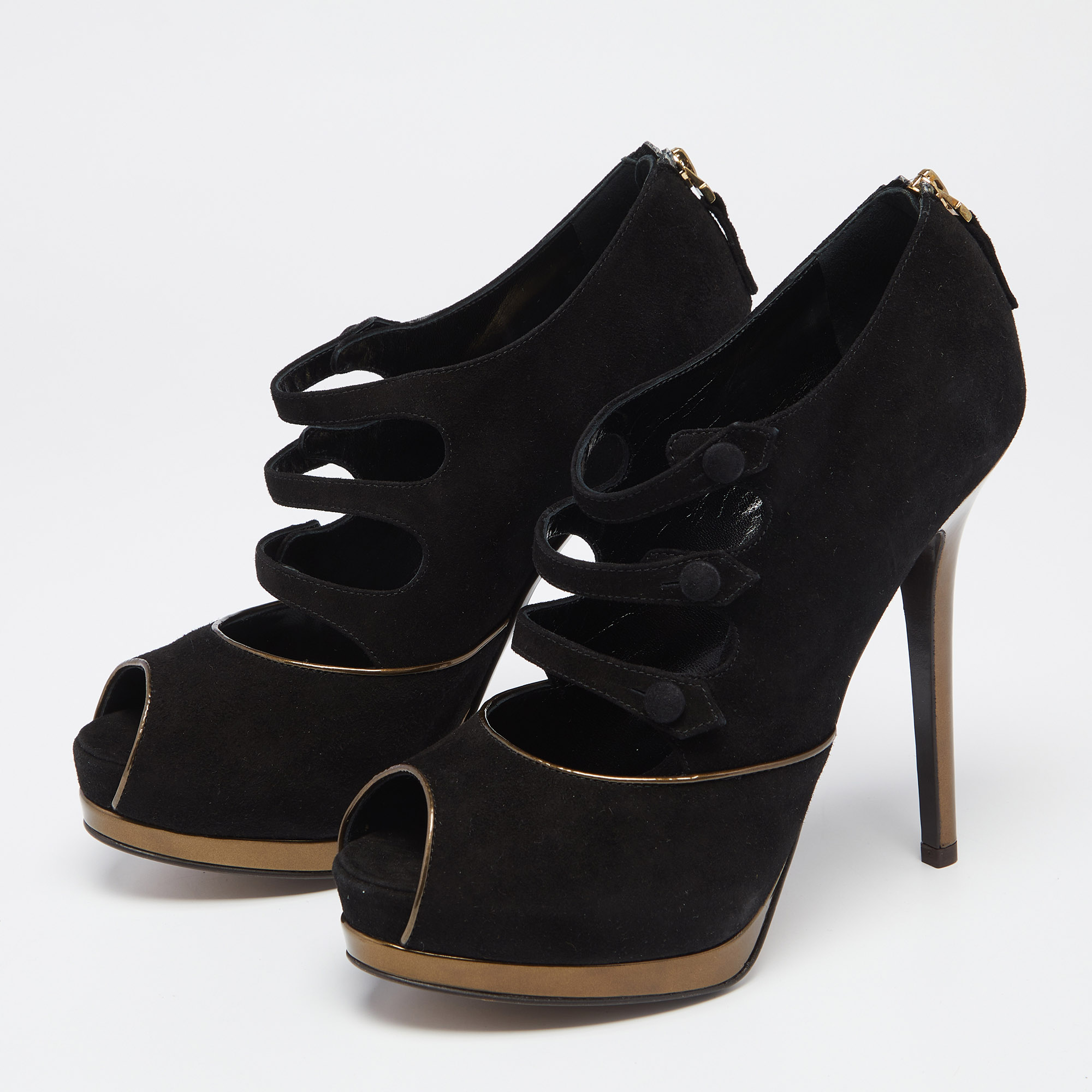 

Fendi Black Suede Strappy Zipper Peep Toe Platform Pumps Size