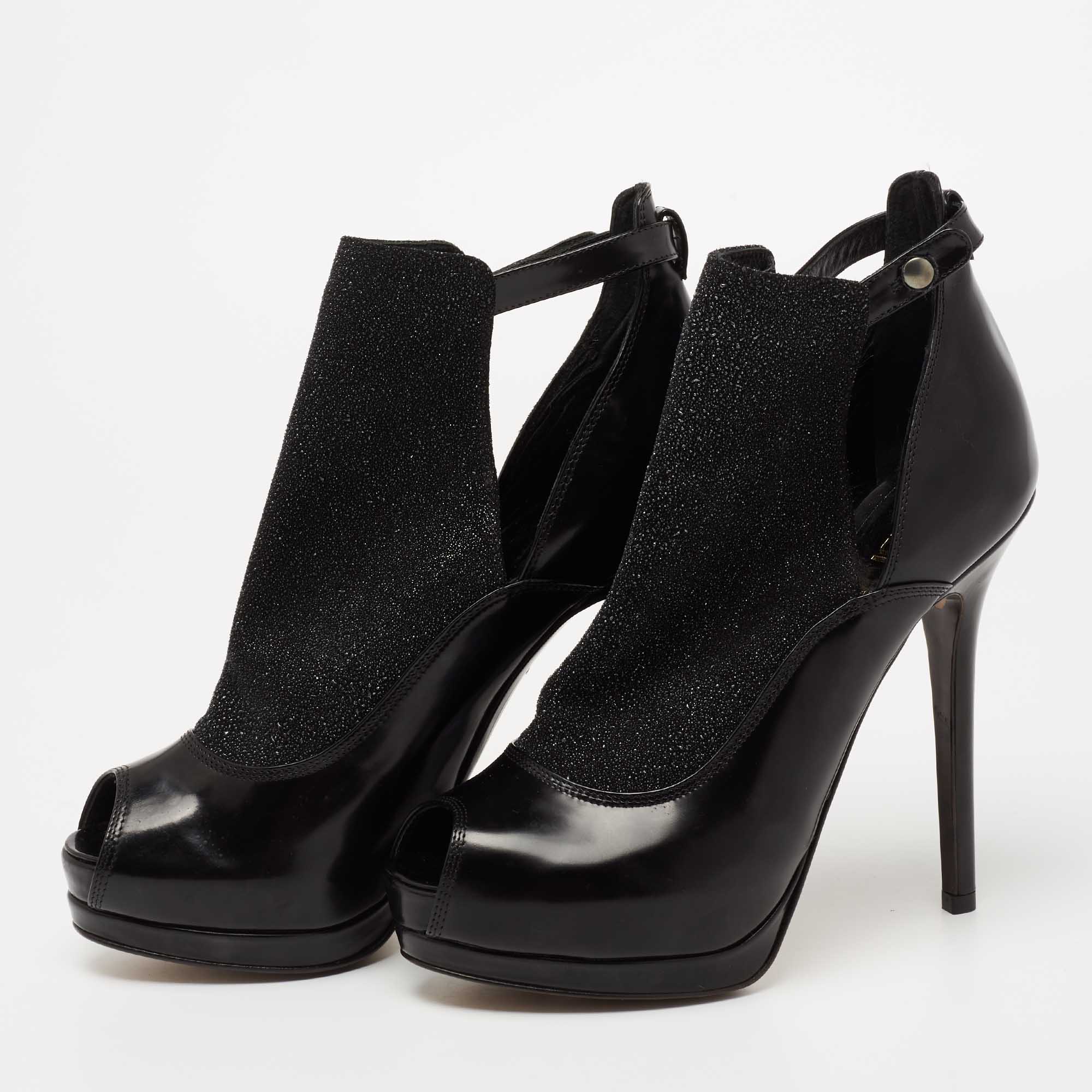 

Fendi Black Glitter, Suede and Leather Peep-Toe Platform Ankle Boots Size