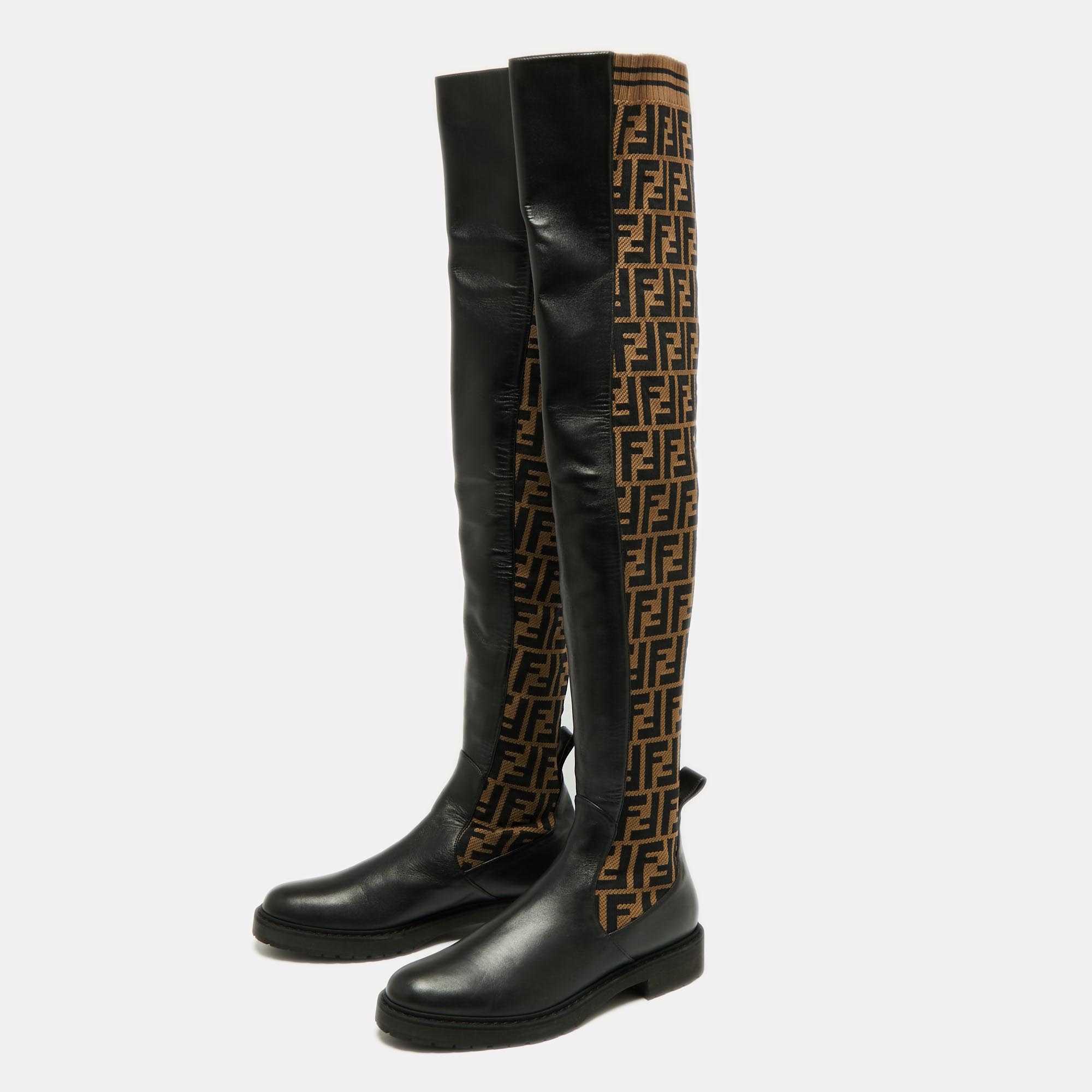

Fendi Black/Brown Leather And FF Zucca Canvas Over The Knee Boots Size