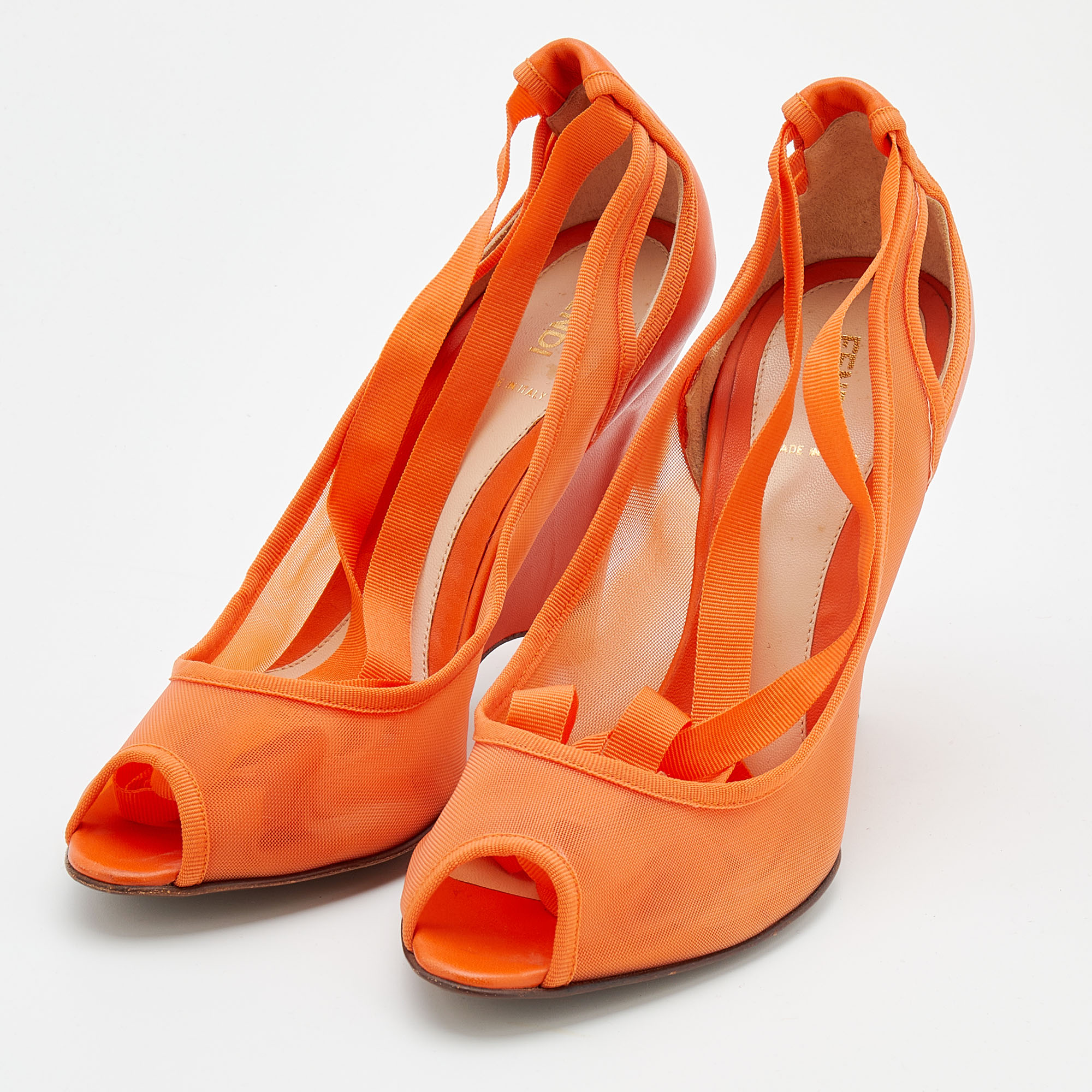 

Fendi Orange Mesh And Leather Ankle Wrap Cut Out Peep Toe Wedge Pumps Size