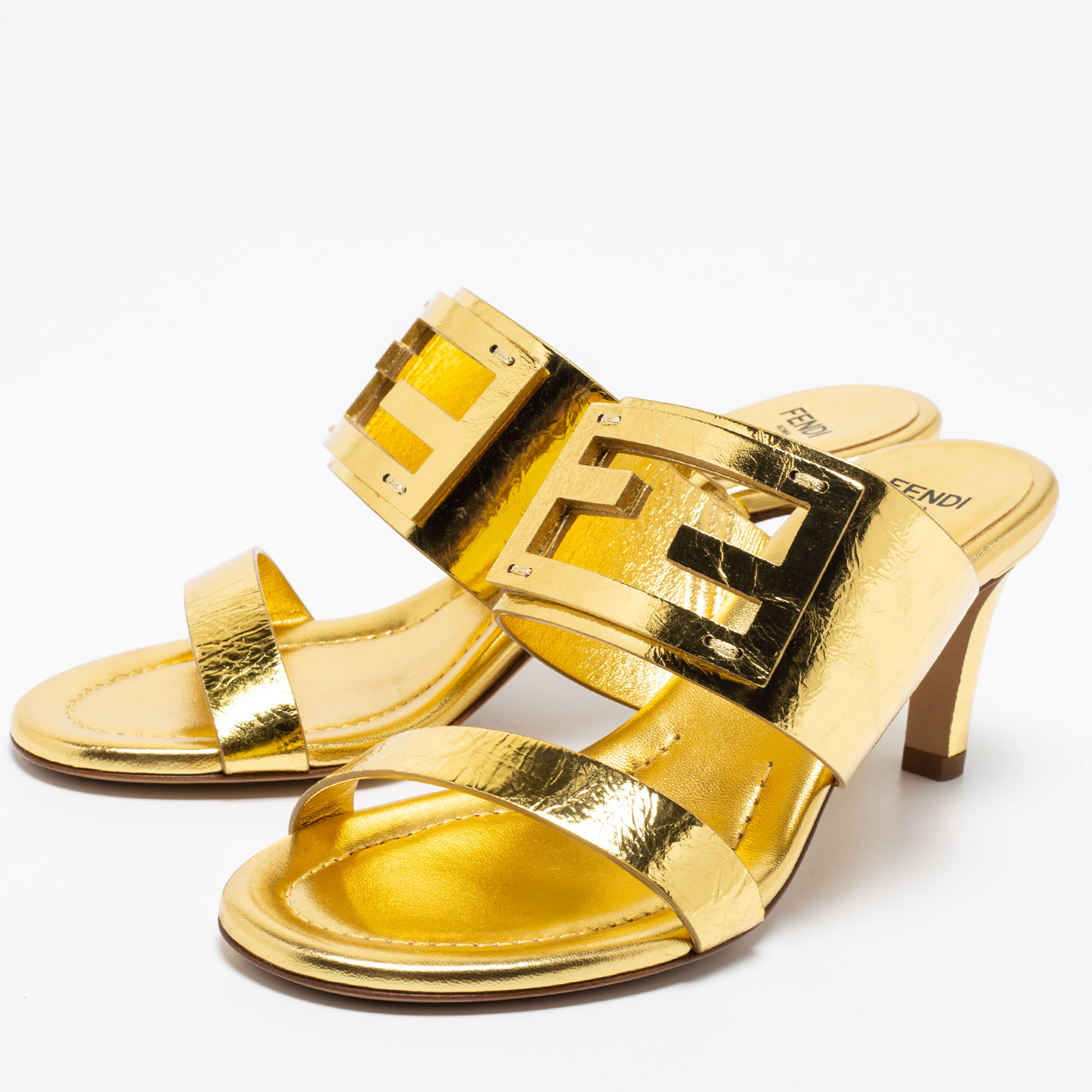 

Fendi Metallic Gold Leather Baguette Slide Sandals Size