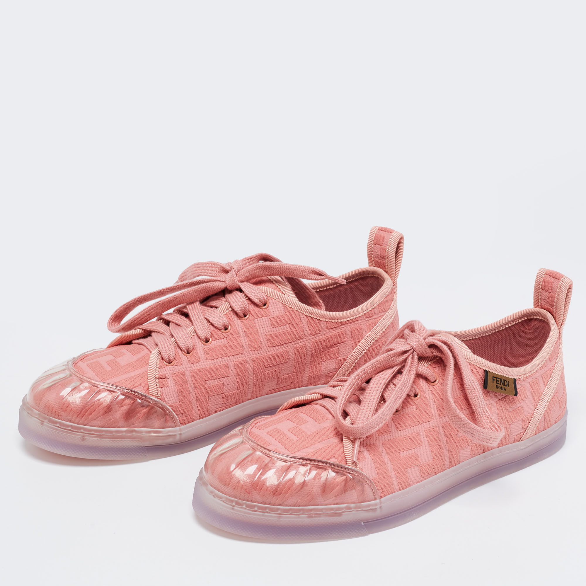 

Fendi Pink Canvas And PVC FF Logo Low-Top Sneakers Size