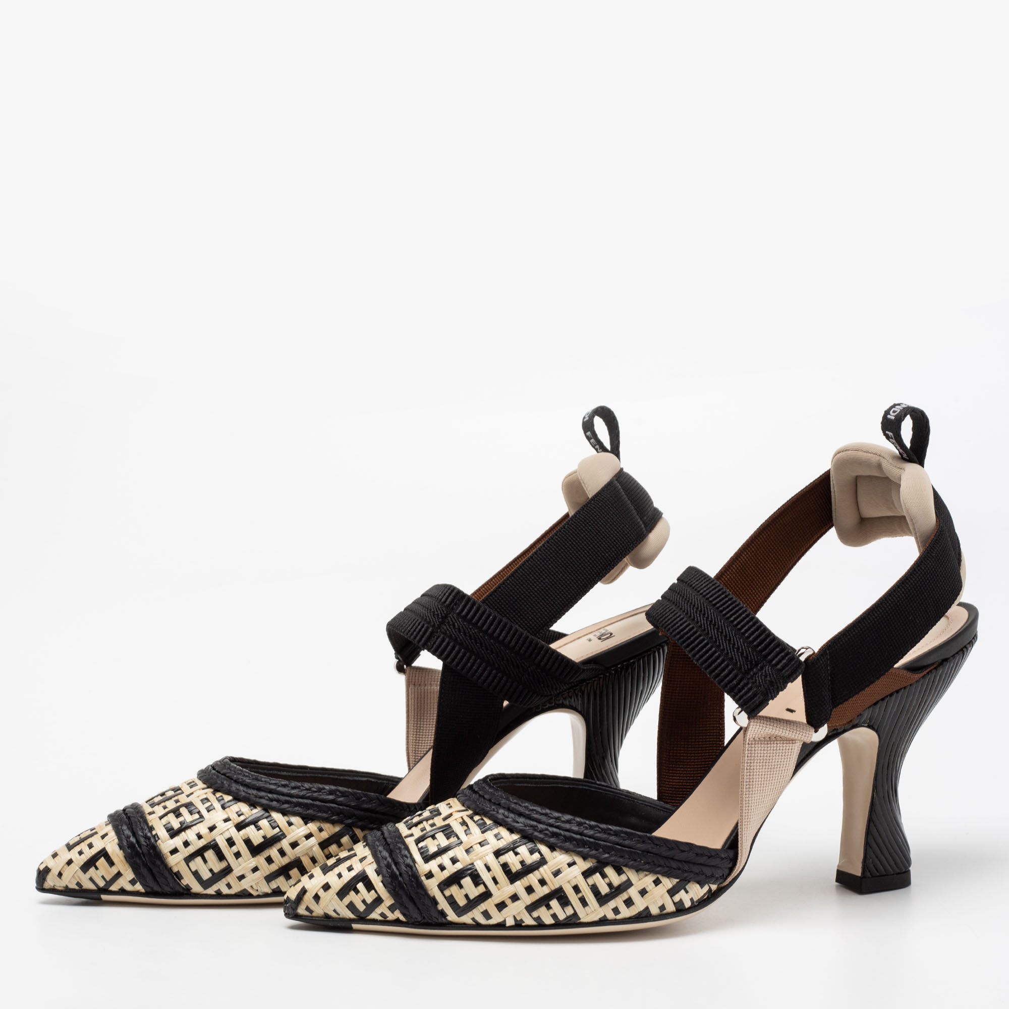 

Fendi Beige/Black Woven Raffia Colibri Slingback Pumps Size