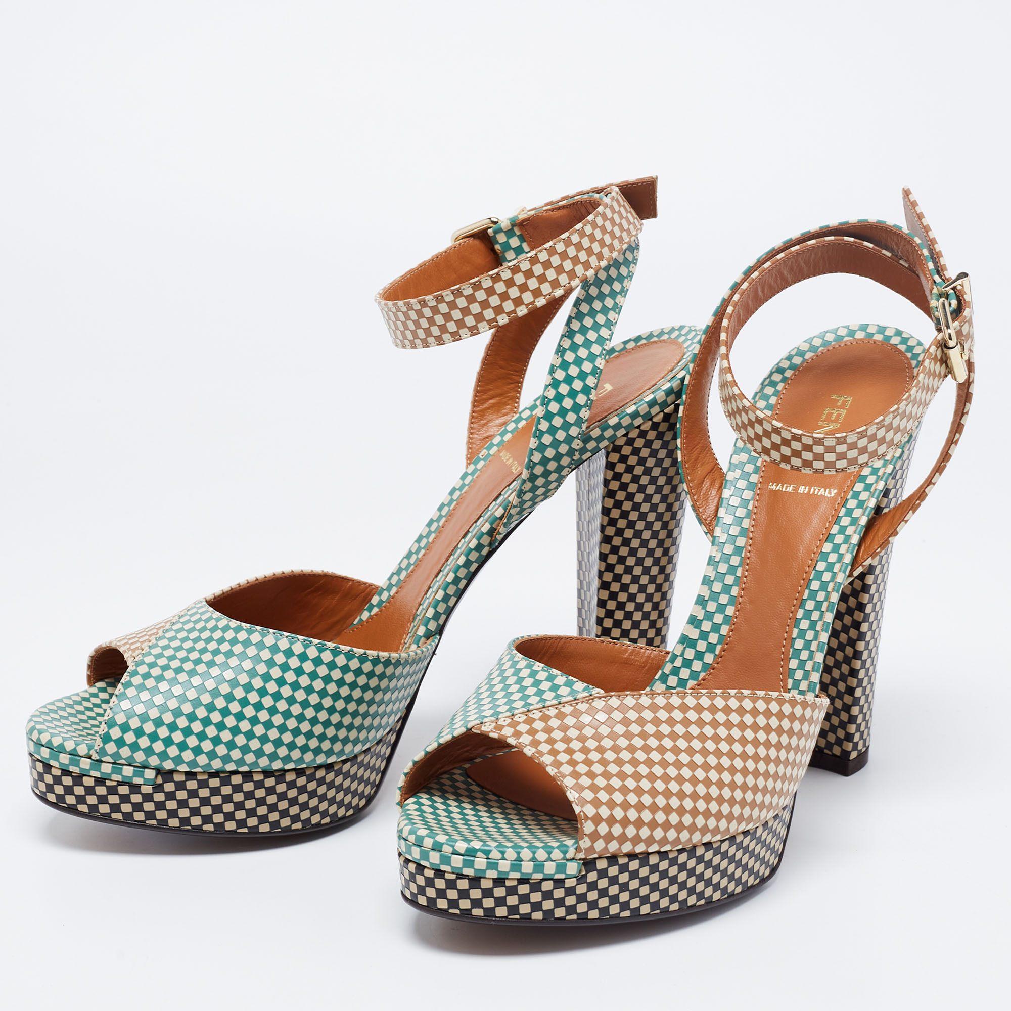 

Fendi Multicolor Checkerboard Leather Ankle Strap Sandals Size