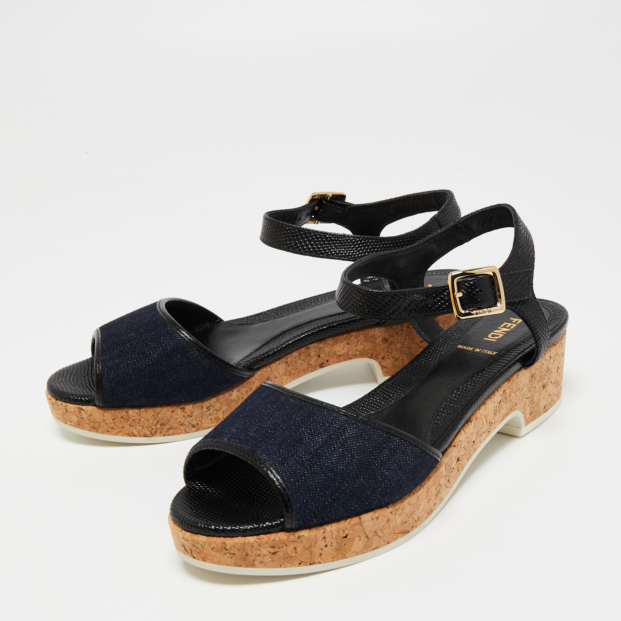 

Fendi Navy Blue And Black Lizard Embossed Leather and Denim Cork Platform Ankle Strap Sandals Size
