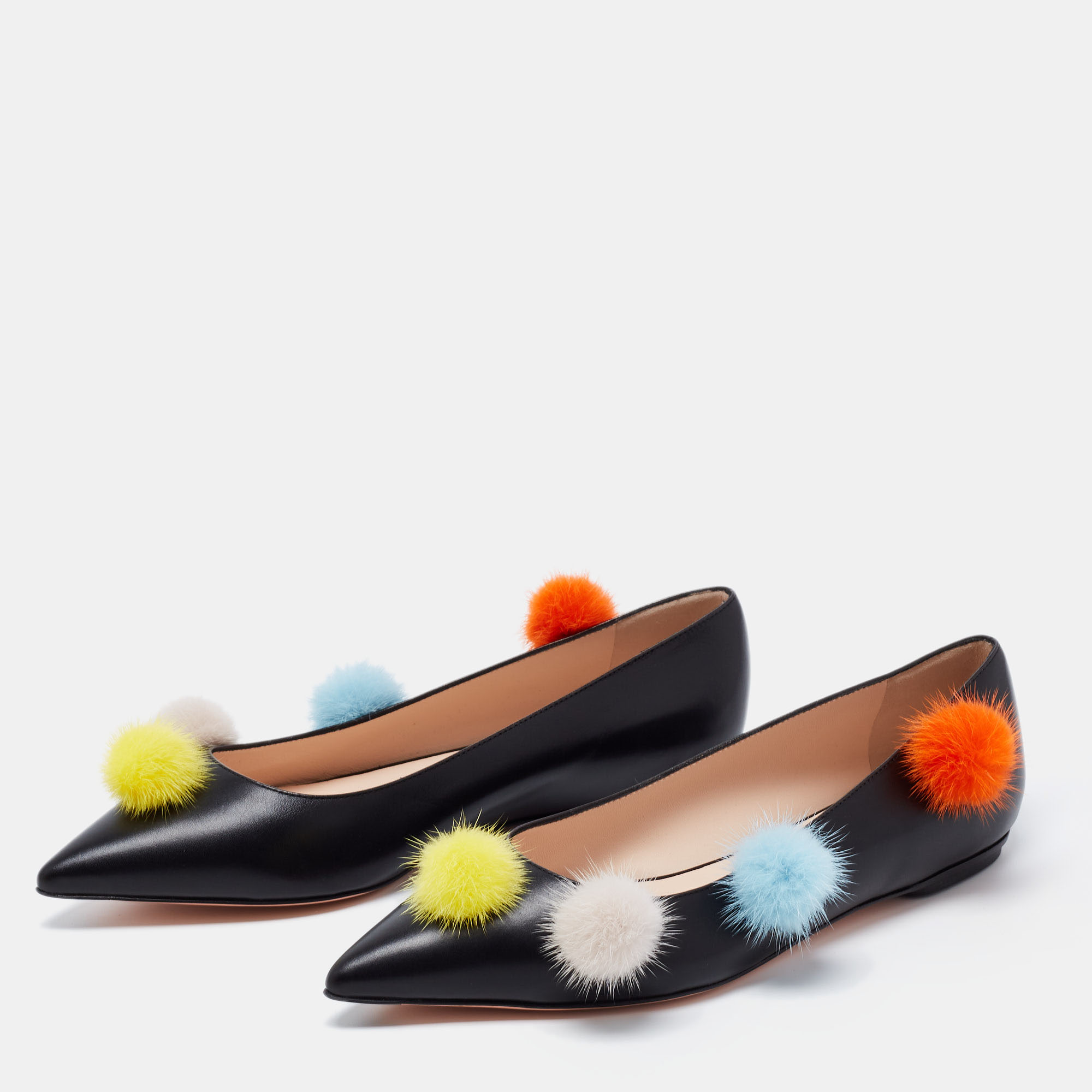 

Fendi Black Leather and Mink Fur Pom Pom Ballerina Flats Size