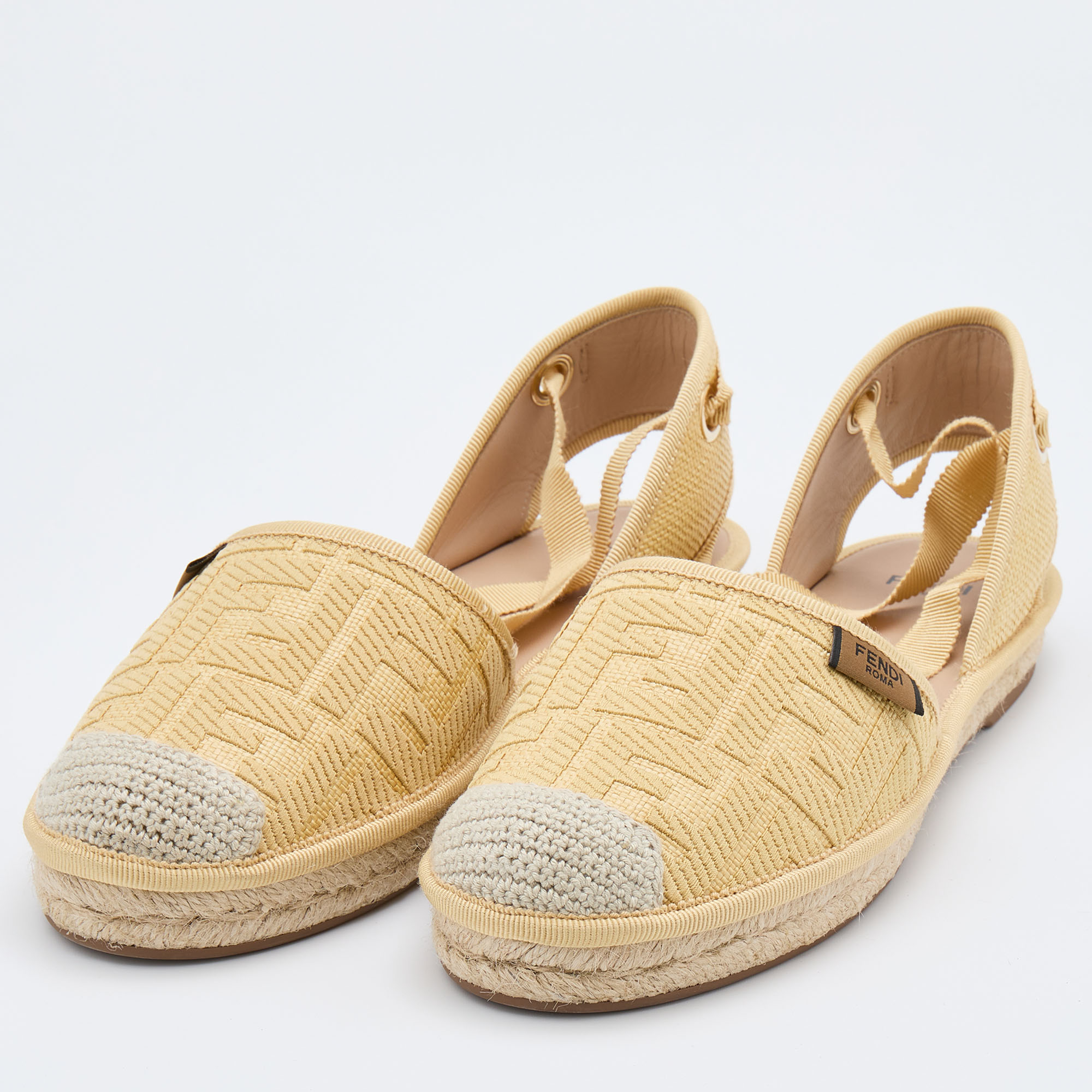 

Fendi Yellow FF Logo Embroidered Fabric Ankle Wrap Espadrille Flats Size