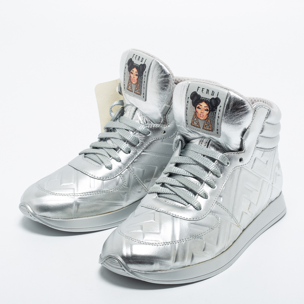 

Fendi Silver Leather FF High Top Sneakers Size