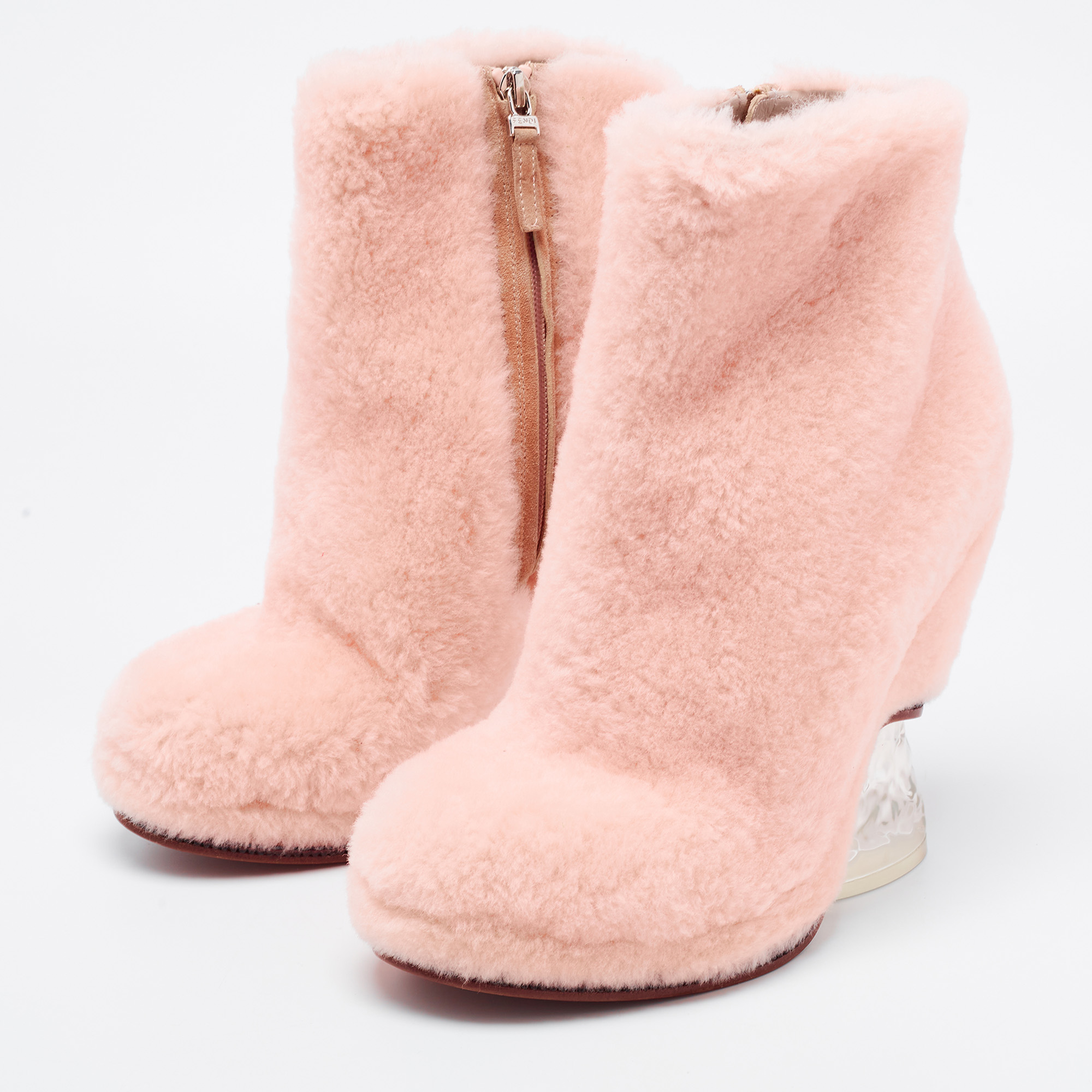 

Fendi Light Pink Shearling Ice Heel Ankle Boots Size