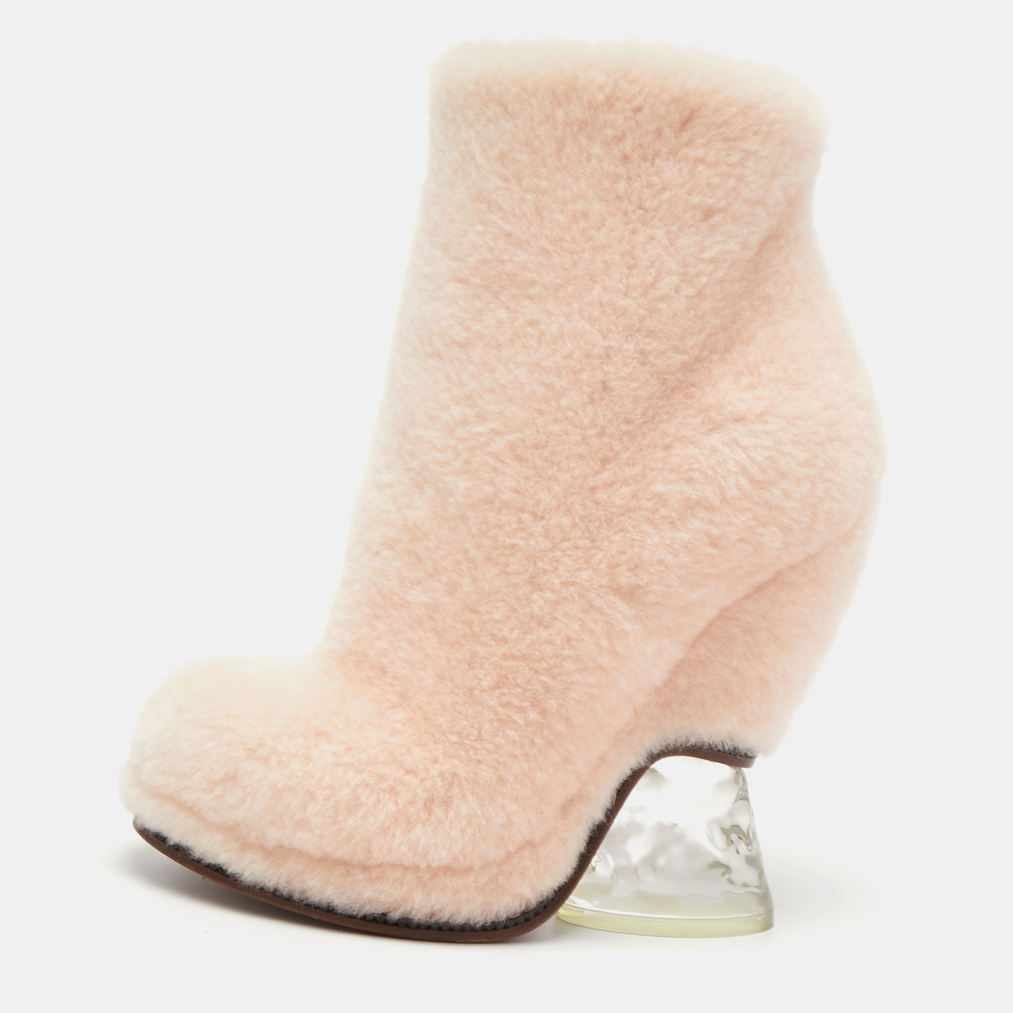 Pre-owned Fendi Light Pink Shearling Ice Heel Ankle Length Boots Size 36