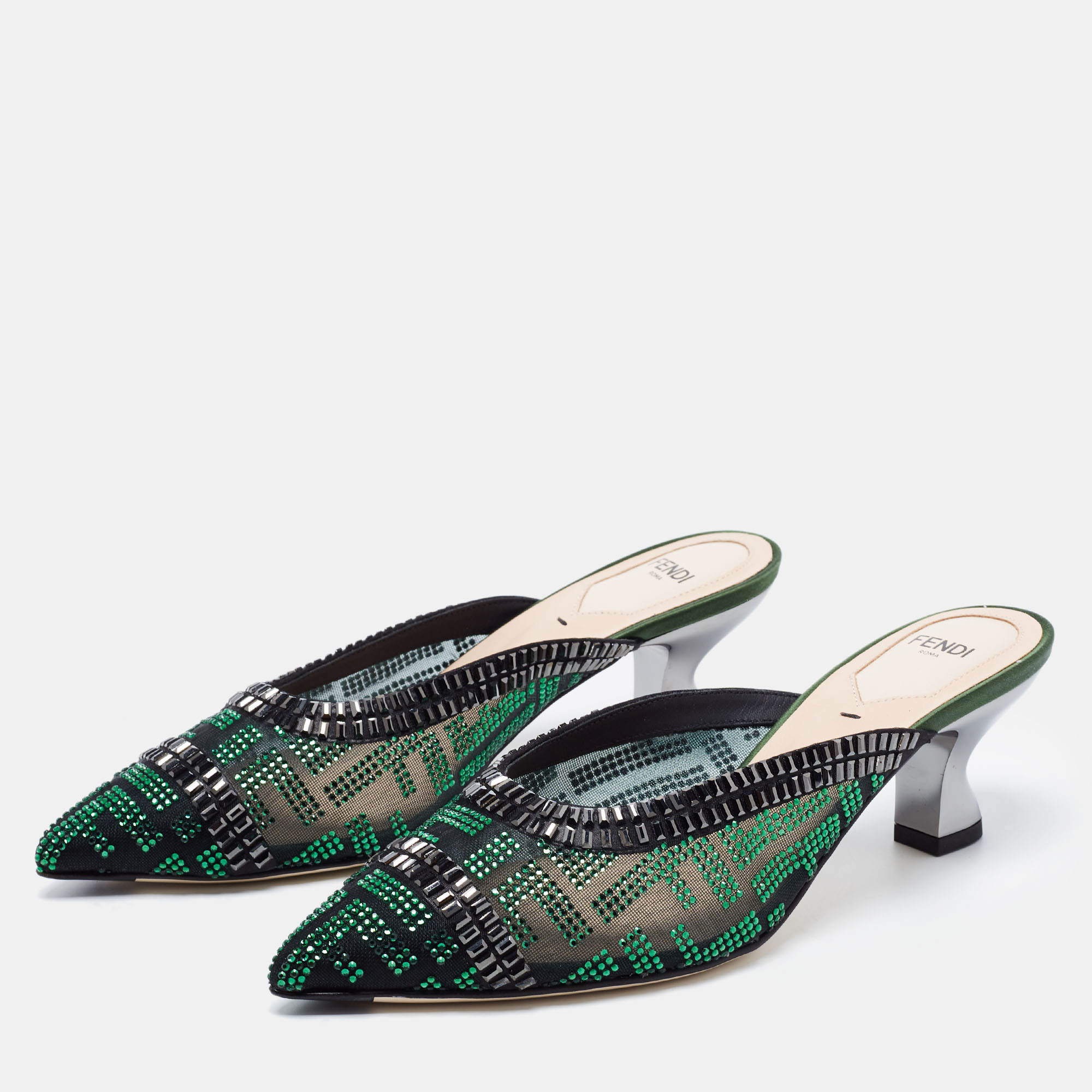 

Fendi Green/Black Crystal Embellished Mesh Colibri Mules Size