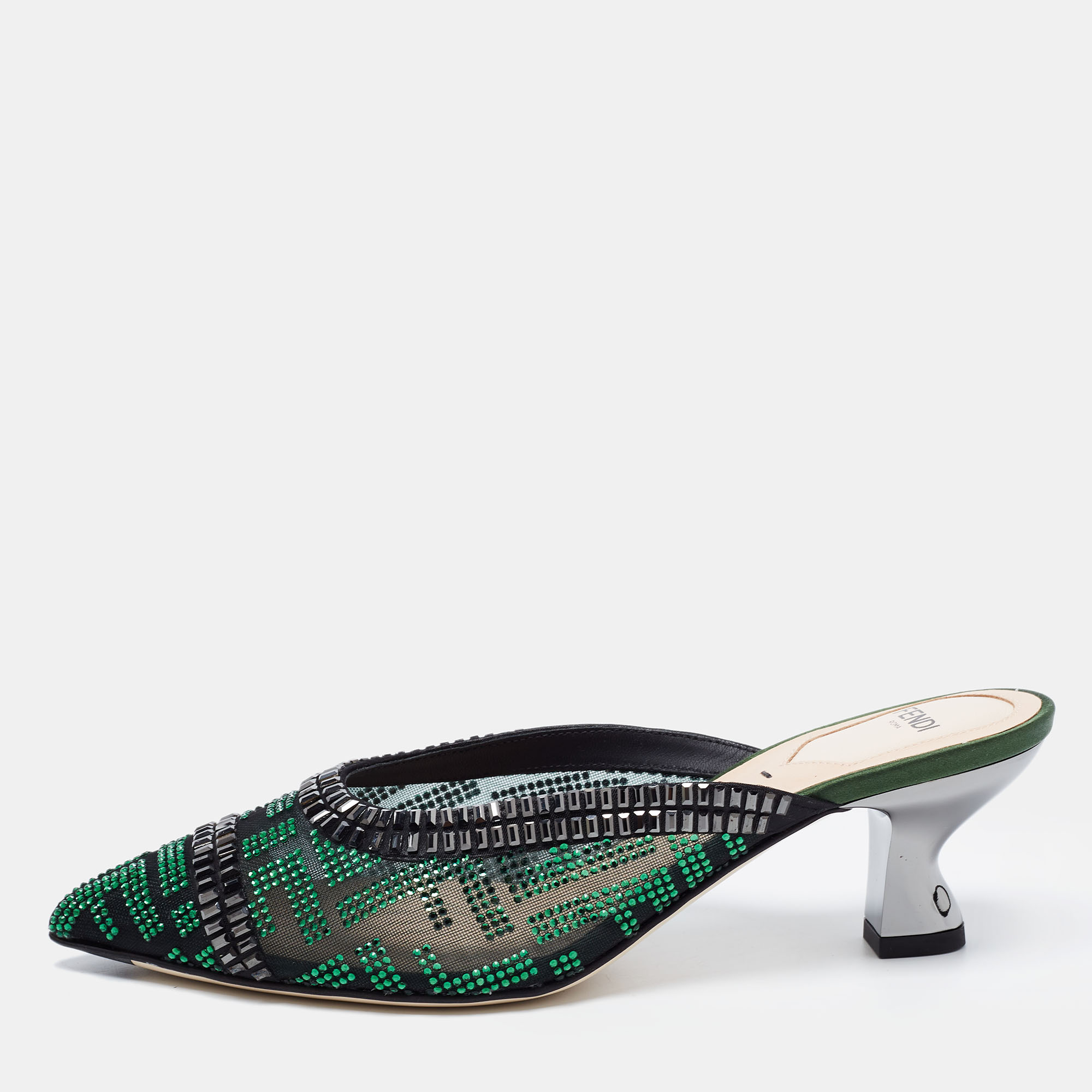 Fendi Green Black Crystal Embellished Mesh Colibri Mules Size 36