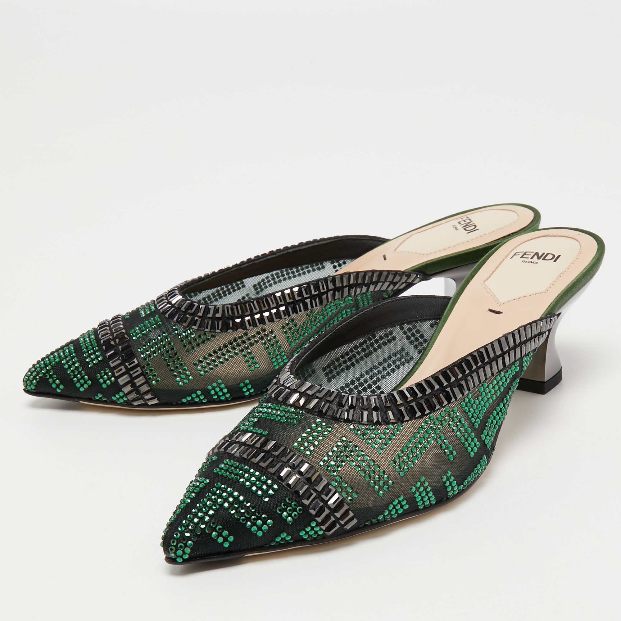 

Fendi Green/Black Crystal Embellished Mesh Colibri Mules Size