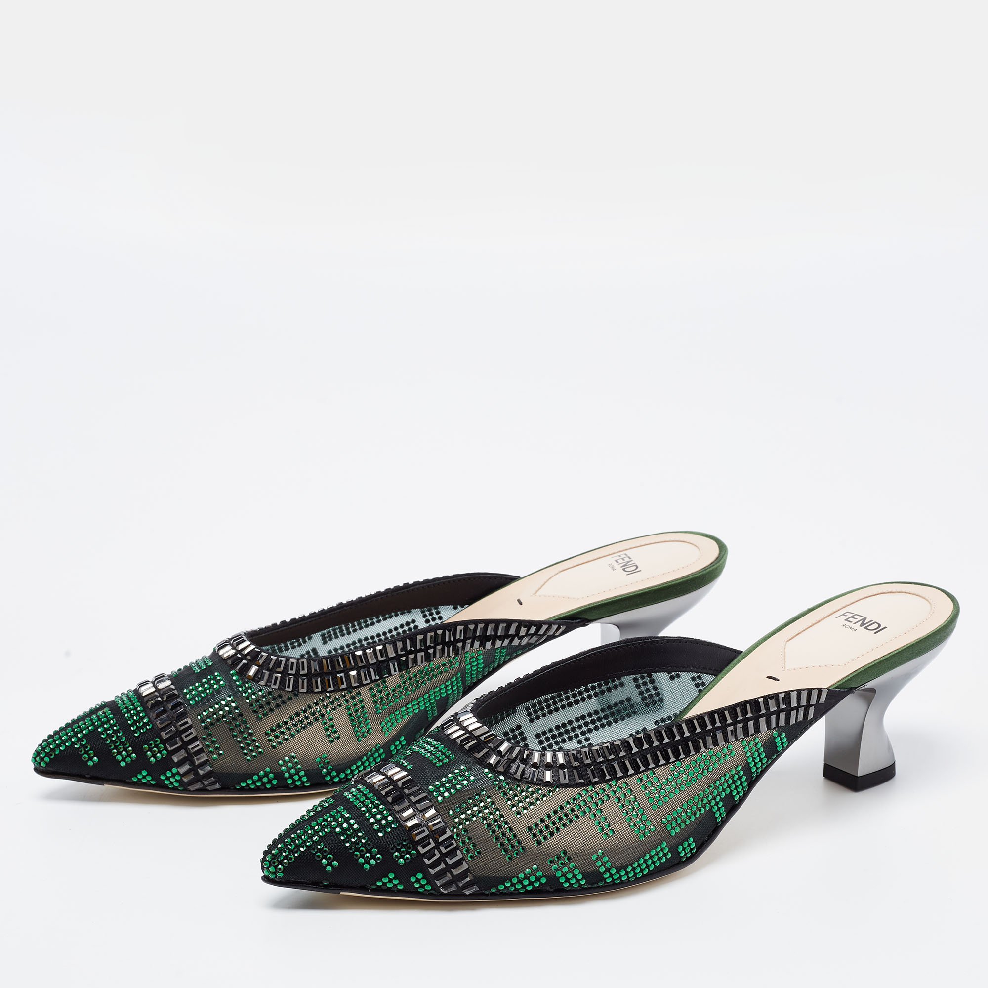 

Fendi Green/Black Crystal Embellished Mesh Colibri Mules Size