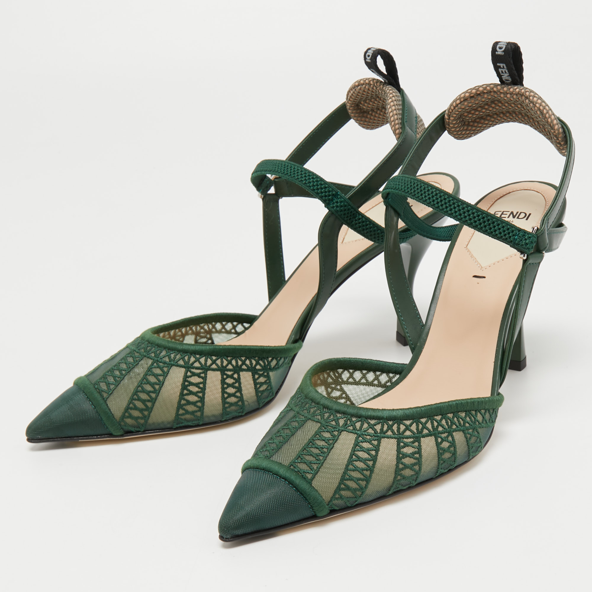 

Fendi Green Leather and Mesh Colibri Lite Slingback Pumps Size