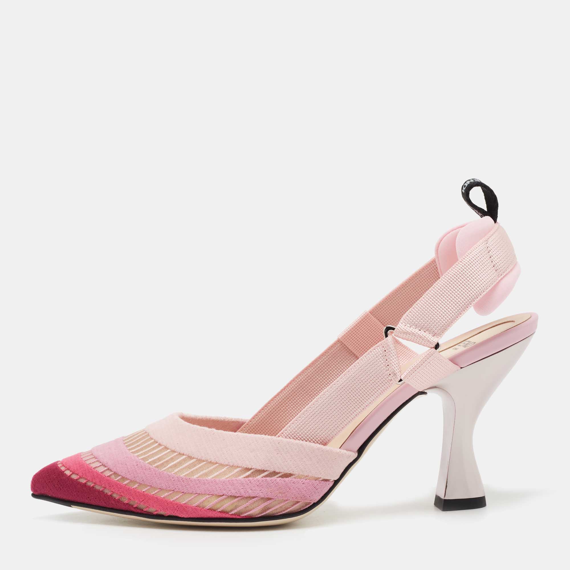 مملوكة مسبقًا Fendi Multicolor Canvas and Mesh Colibri Slingbacks Pumps Size 37.5