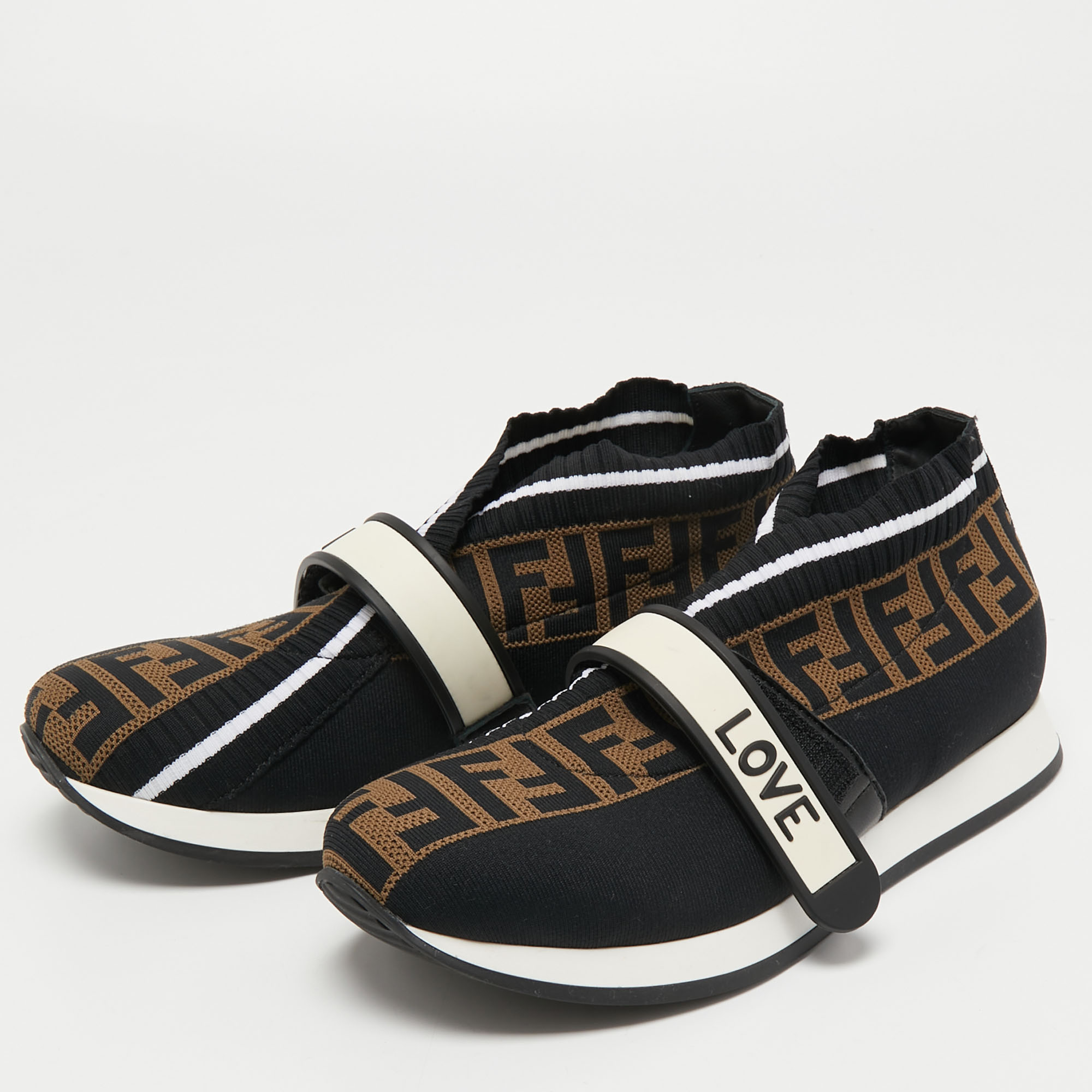 

Fendi Brown/Black Zucca Knit Fabric Rockoko Slip On Sneakers Size