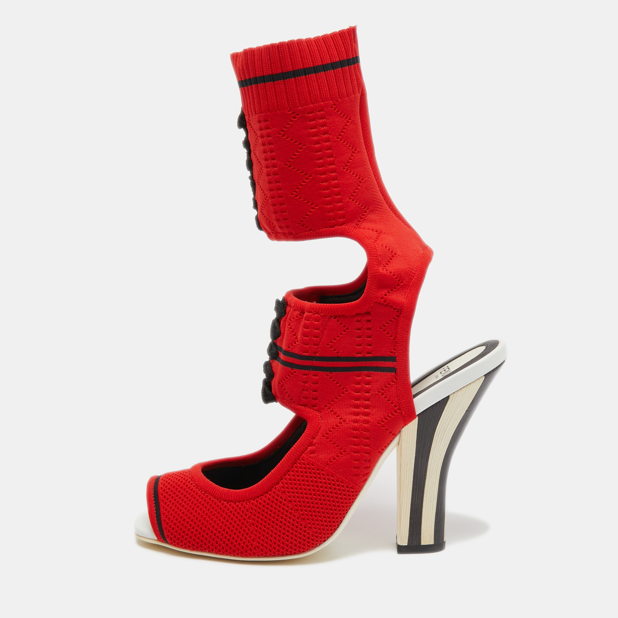 

Fendi Red Knit Fabric Peep Toe Cut Out Sandals Size