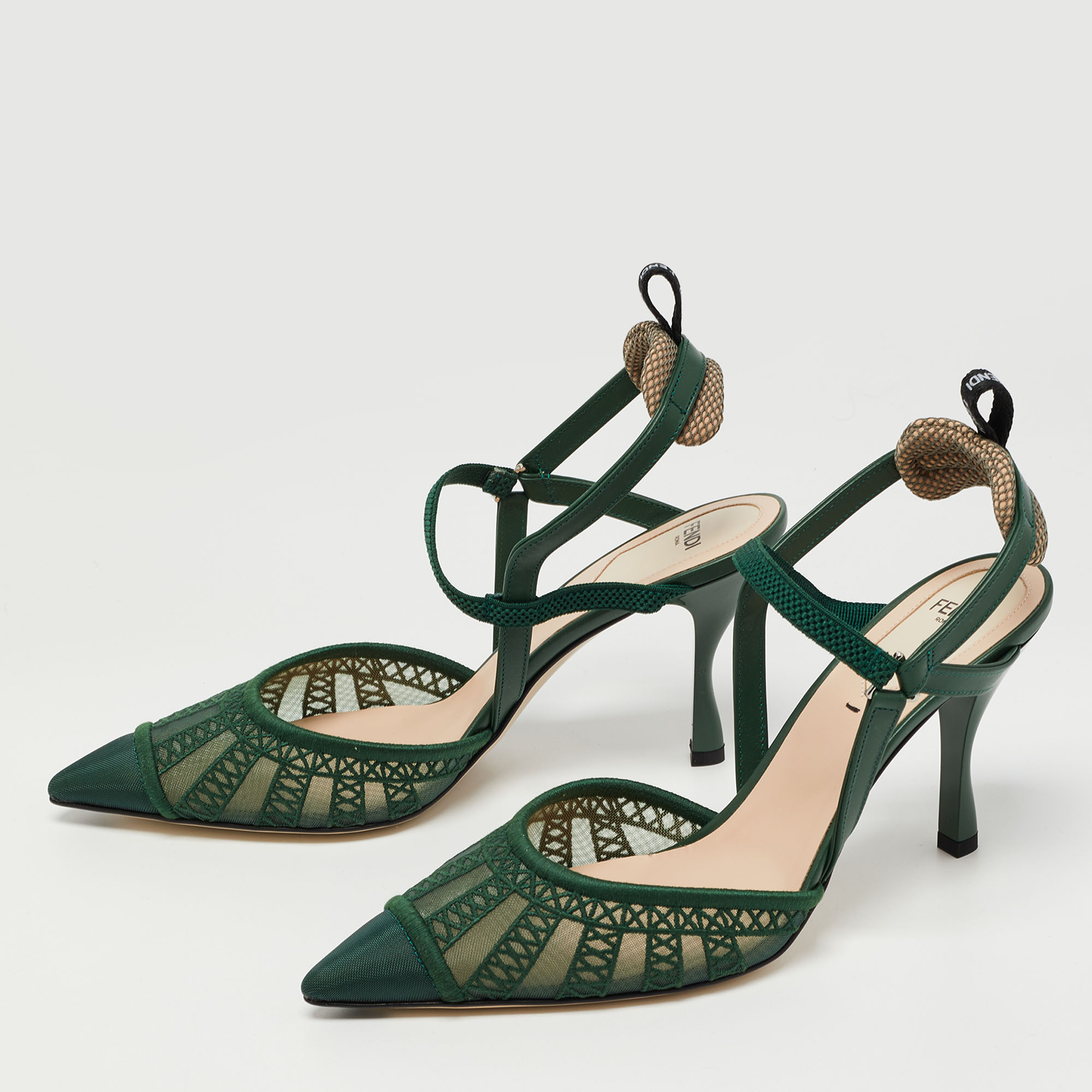 

Fendi Dark Green Mesh and Fabric Colibri Slingback Pumps Size