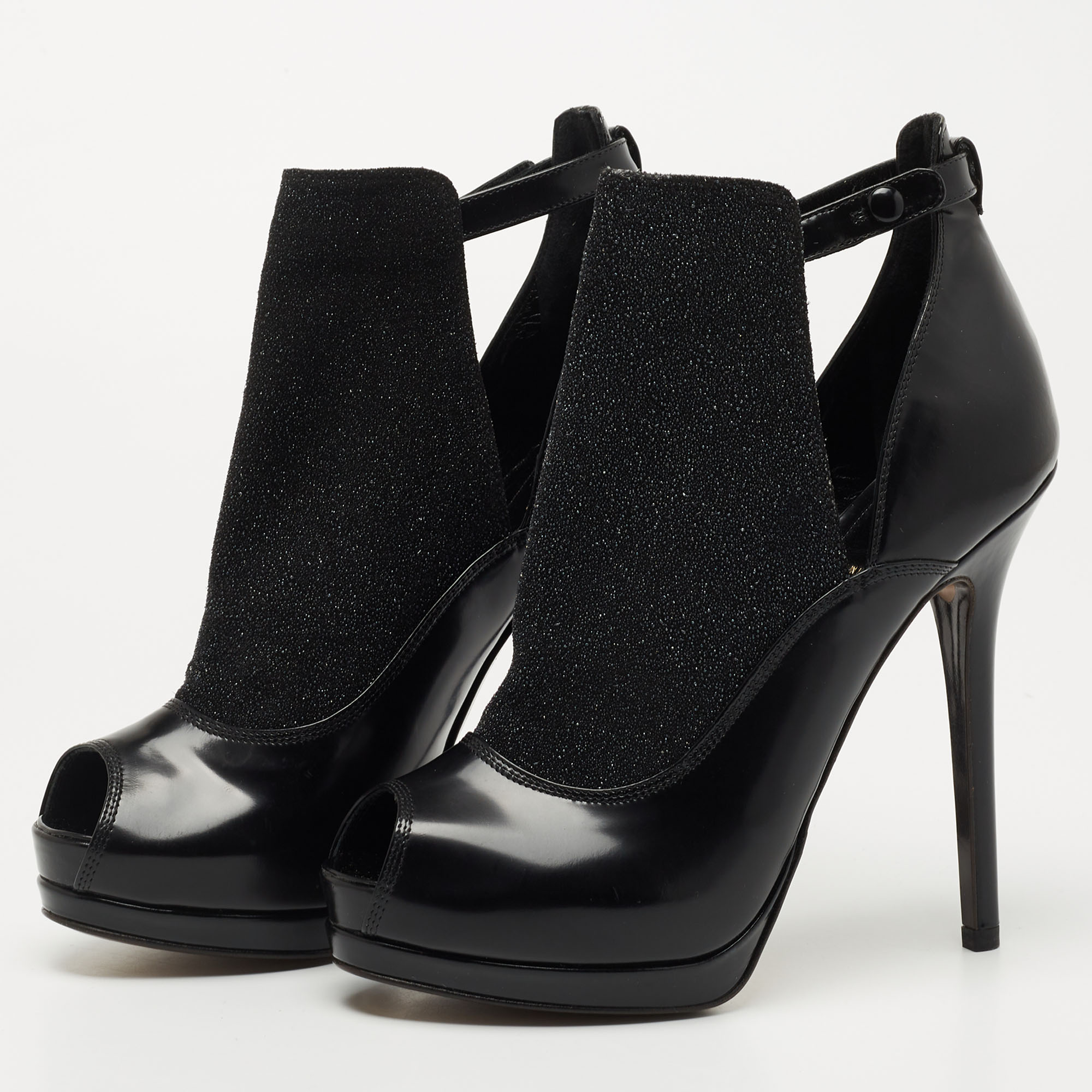 

Fendi Black Leather and Quartz Peep Toe Platform Booties Size
